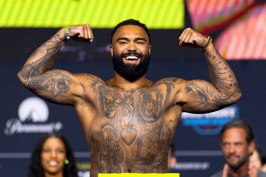 Gable Steveson during weigh ins for UFC 329 at T-Mobile Arena.