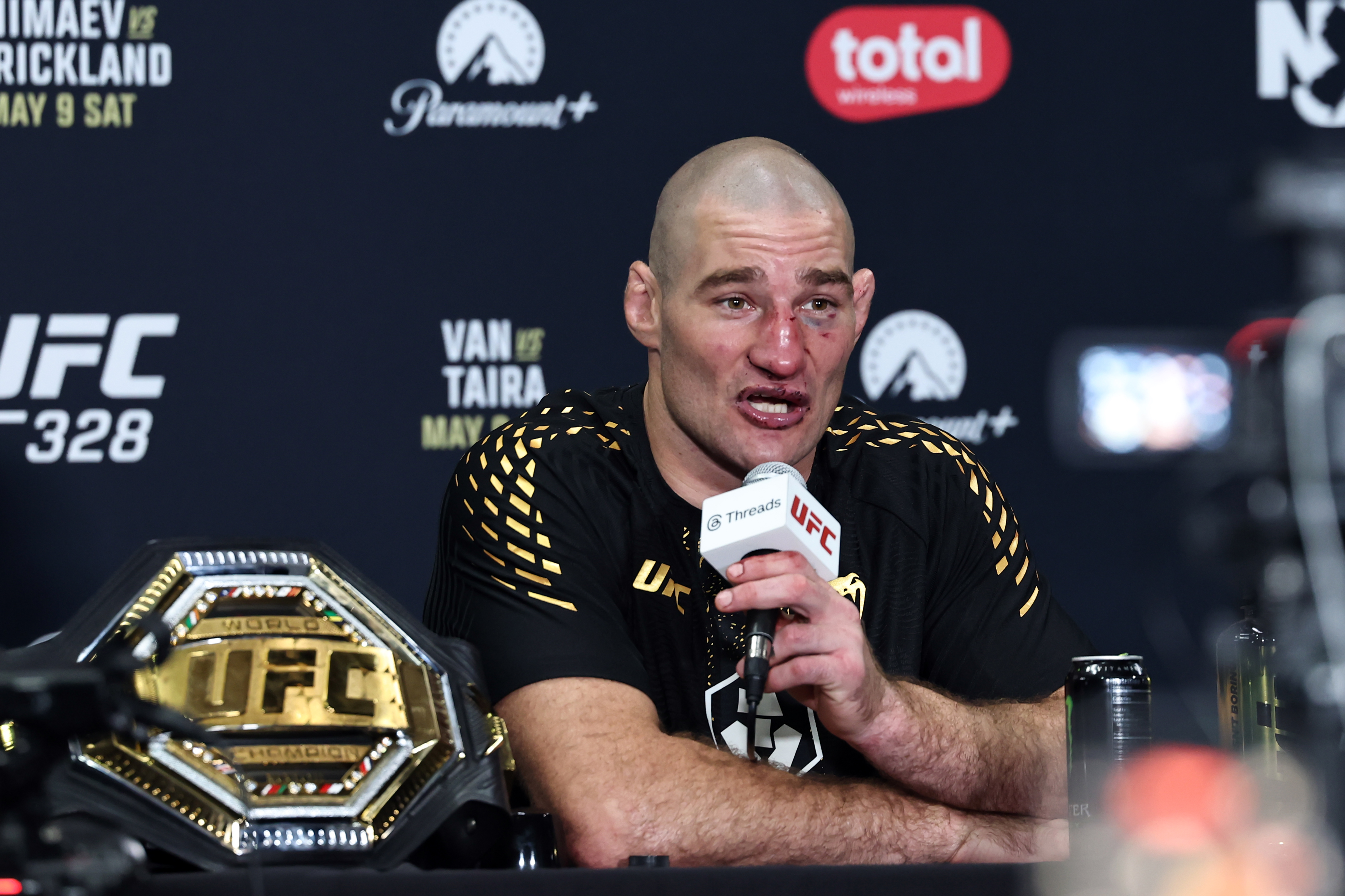 NEWARK, NEW JERSEY - MAY 09: Sean Strickland speaks with media after the UFC 328 event at Prudential Center on May 09, 2026 in Newark, New Jersey. (Photo by Michelle Farsi/Zuffa LLC)