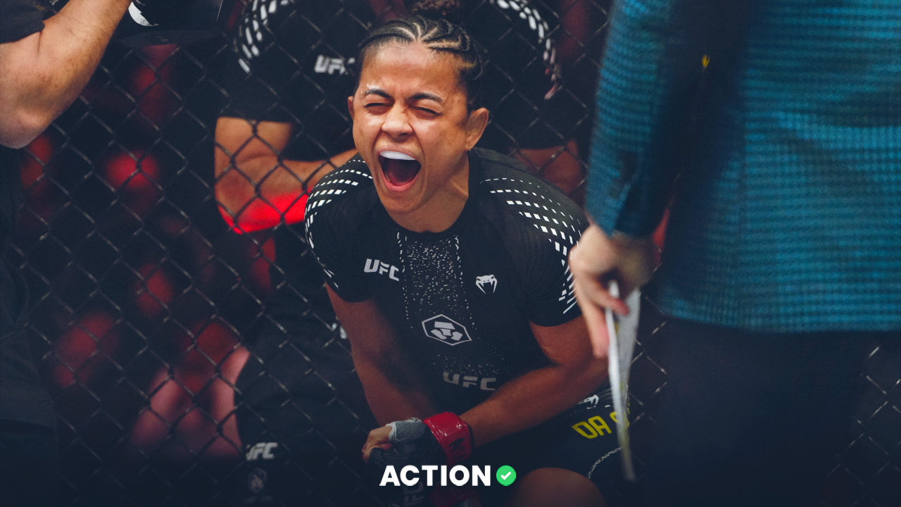 Jan 24, 2026; Las Vegas, Nevada, USA; Natalia Silva (red gloves) reacts before the fight against Rose Namajunas (blue gloves) during UFC 324 at T-Mobile Arena. Mandatory Credit: Stephen R. Sylvanie-Imagn Images