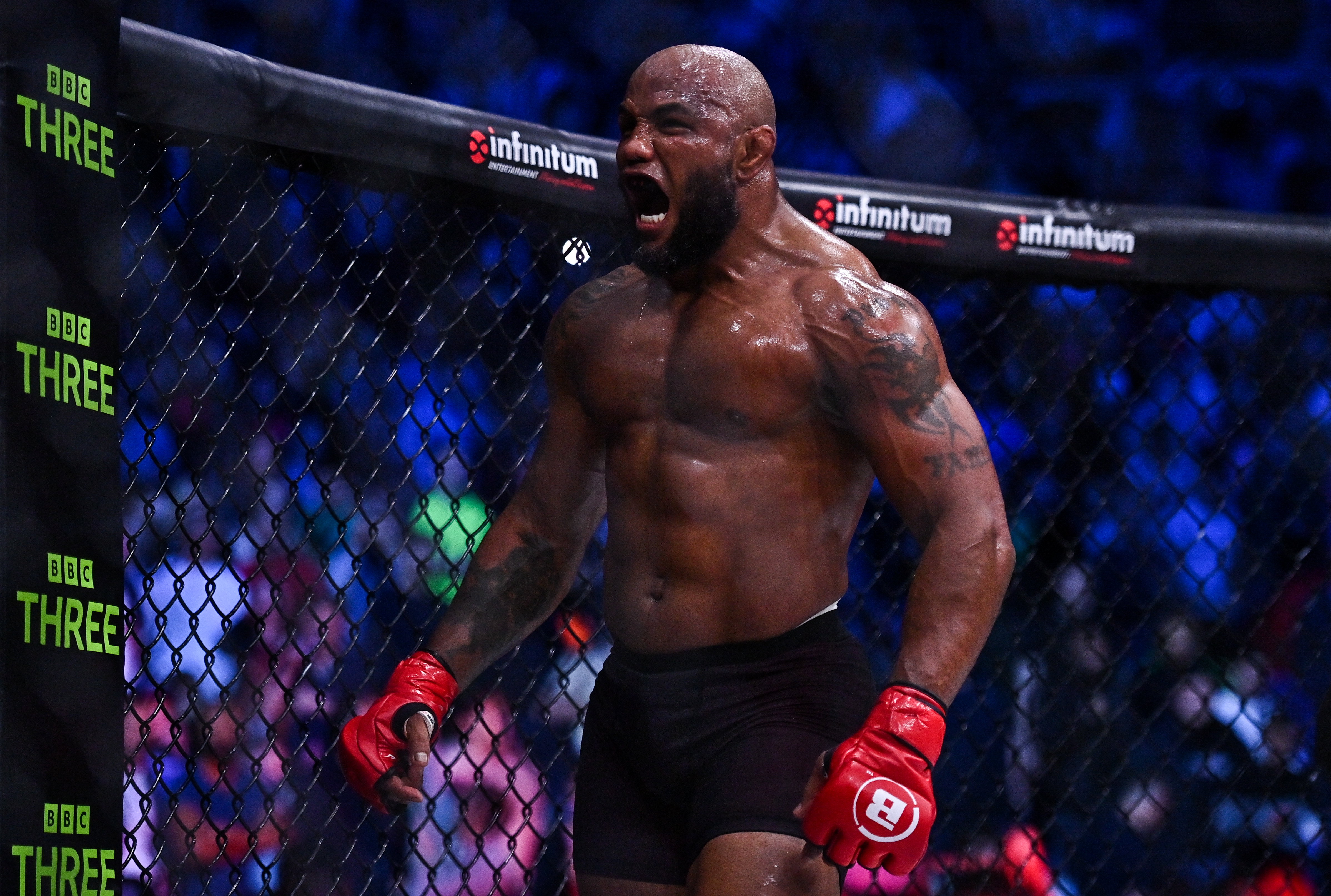 Dublin , Ireland - 23 September 2022; Yoel Romero celebrates after defeating Melvin Manhoef during their light heavyweight bout during Bellator 285 at 3 Arena in Dublin. (Photo By Sam Barnes/Sportsfile via Getty Images)
