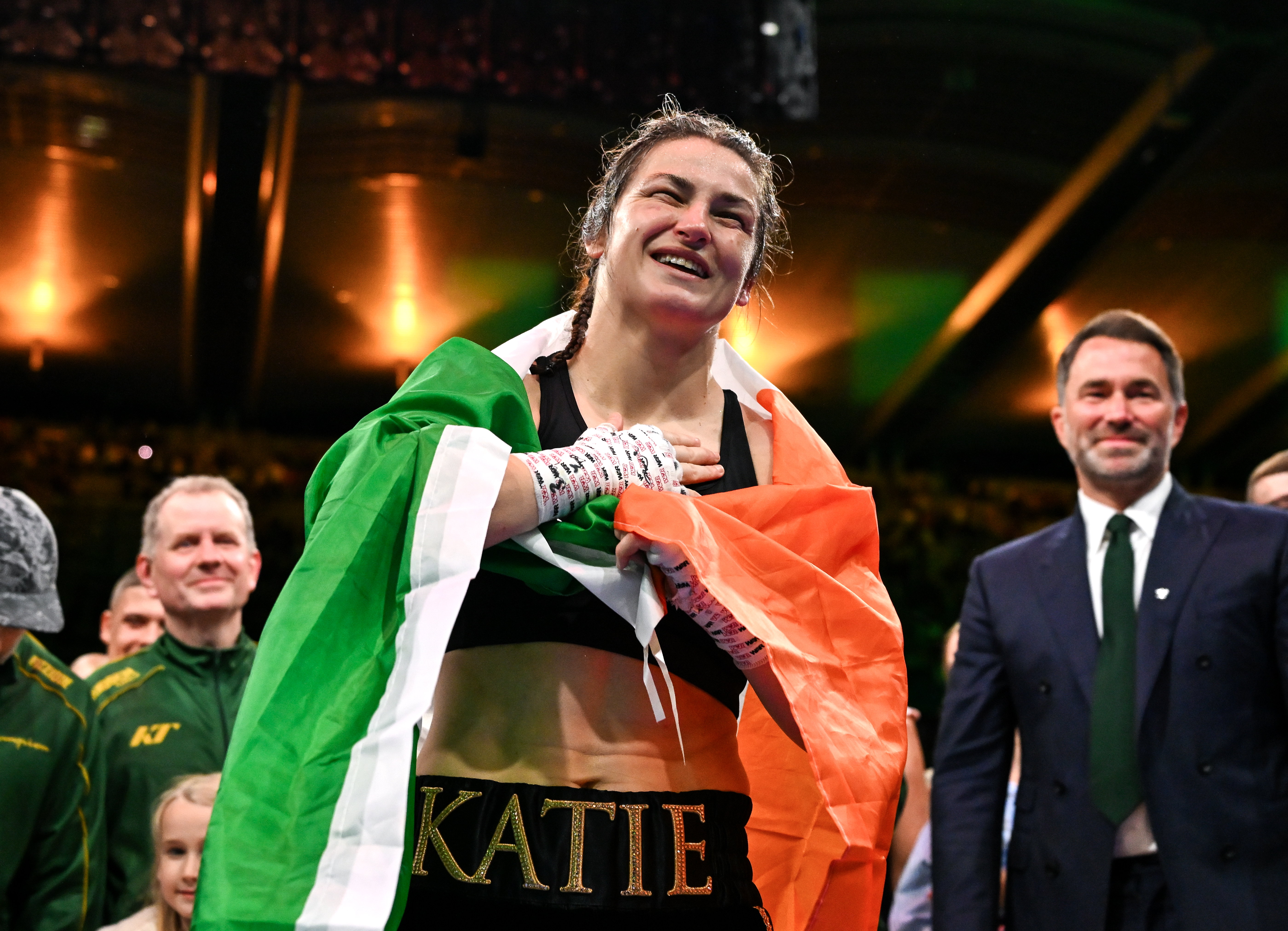 Dublin , Ireland - 5 September 2026; Katie Taylor celebrates following her undisputed super lightweight championship fight victory over Flora Pili at the Once Upon A Time fight night in Croke Park, Dublin. (Photo By Stephen McCarthy/Sportsfile via Getty Images)