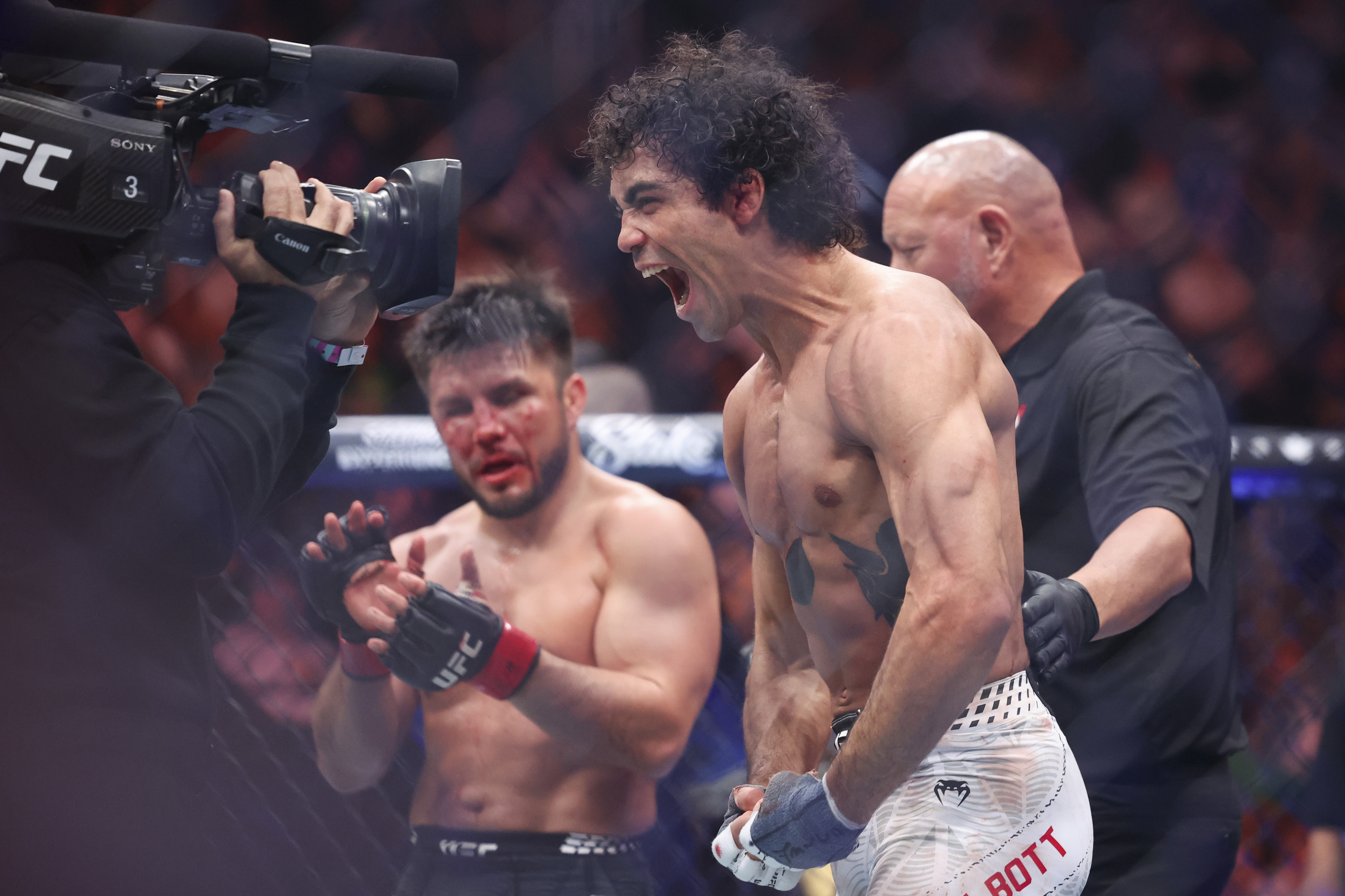 LAS VEGAS, NEVADA - DECEMBER 06: Payton Talbott of the United States celebrates after his bantamweight fight at T-Mobile Arena on December 06, 2025 in Las Vegas, Nevada. (Photo by Ian Maule/Getty Images)
