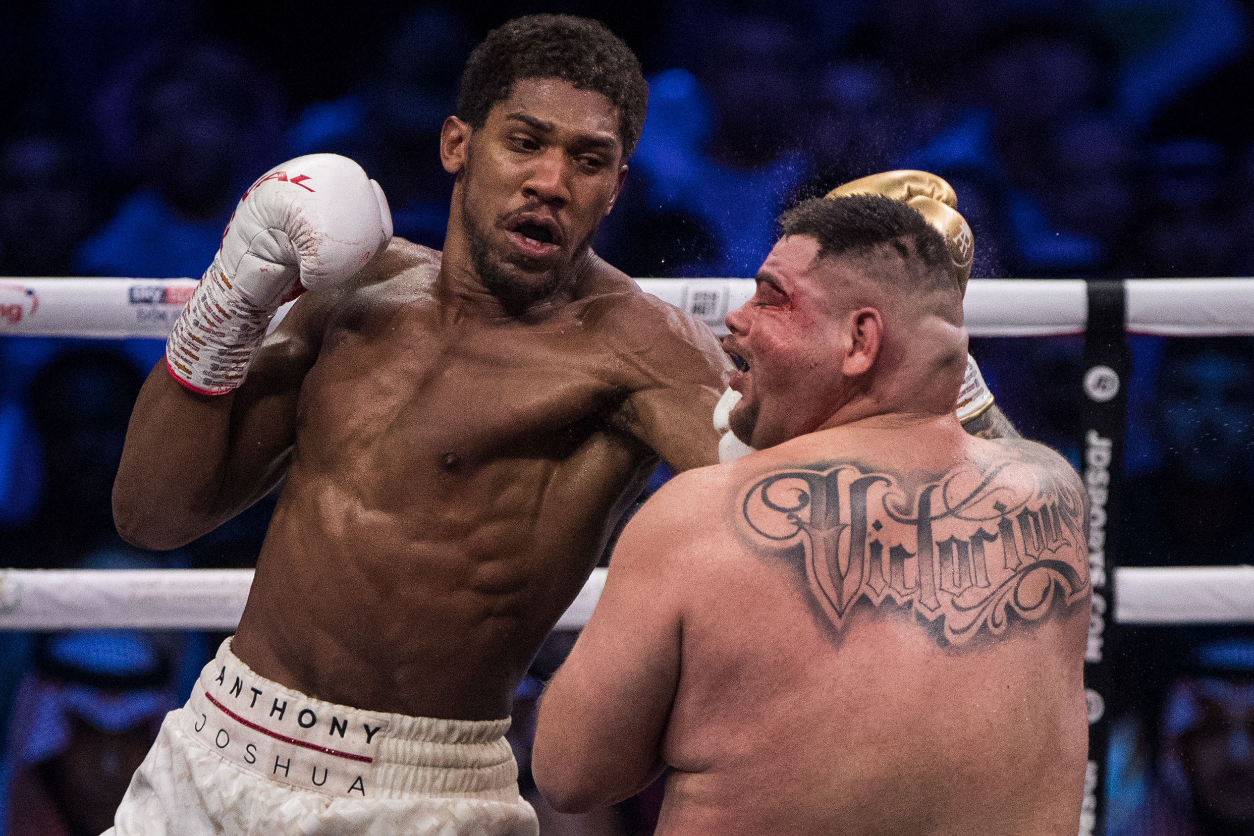 08 December 2019, Saudi Arabia, Diriyah: US-Mexican professional boxer Andy Ruiz Jr (R) in action against Britain's Anthony Joshua during their World Heavyweight Championship contest at the Diriyah Arena. Photo: Oliver Weiken/dpa (Photo by Oliver Weiken/picture alliance via Getty Images)