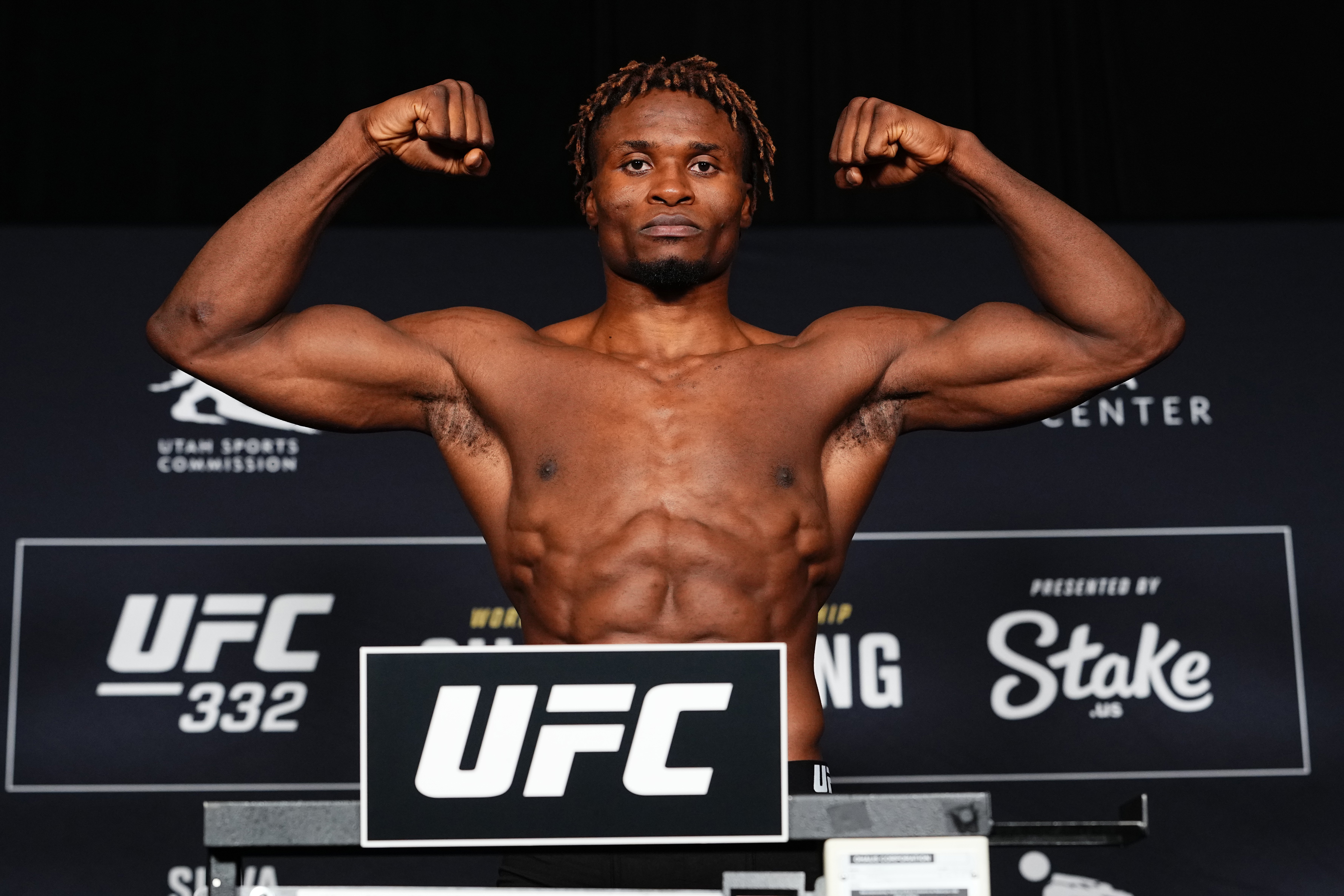 SALT LAKE CITY, UTAH - OCTOBER 02: Ateba Gautier of Cameroon poses on the scale during the UFC 332 official weigh-in at Hilton Salt Lake City Center on October 2, 2026 in Salt Lake City, Utah. (Photo by Jeff Bottari/Zuffa LLC)