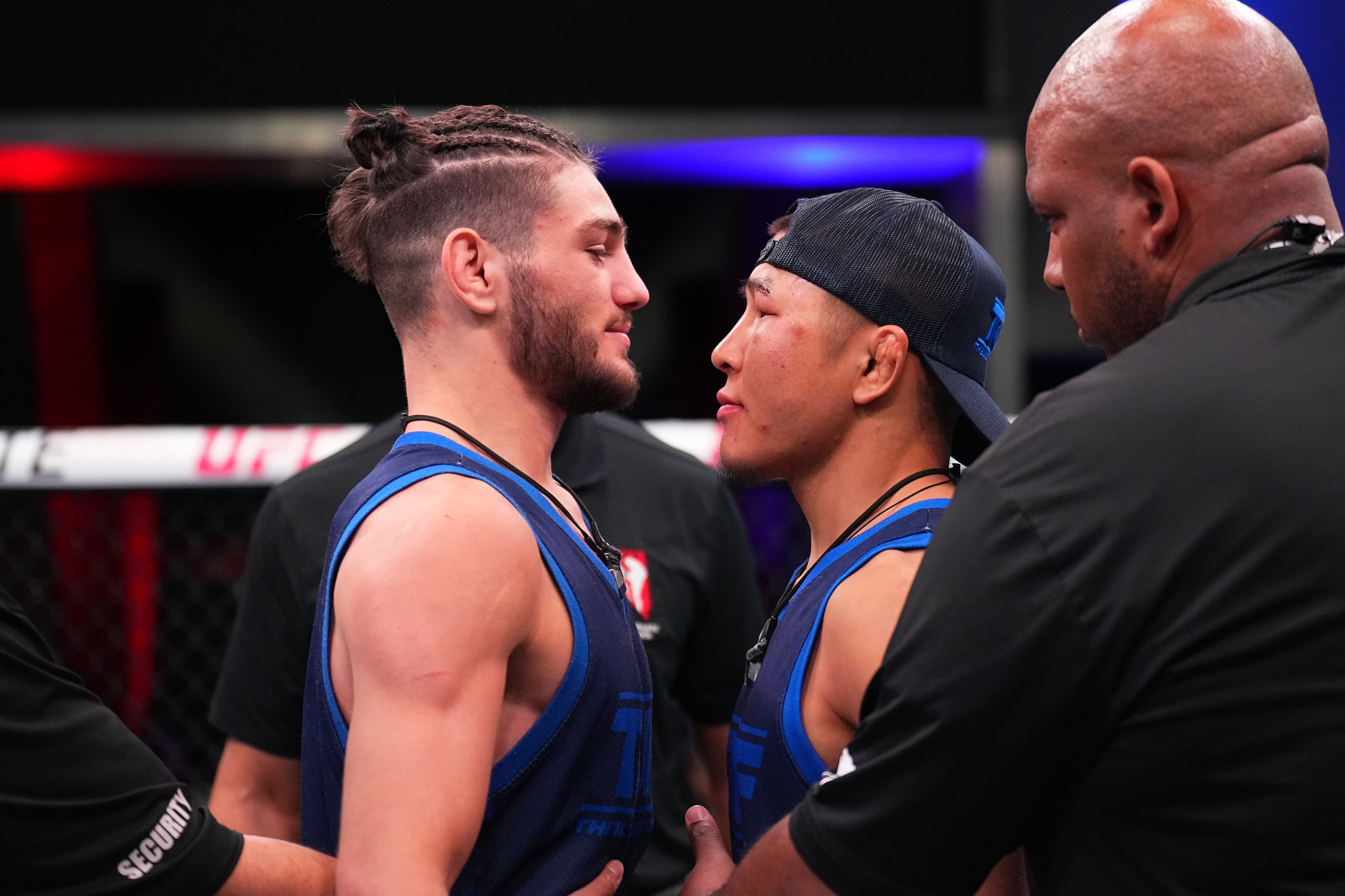 LAS VEGAS, NEVADA - MAY 12: (L-R) Mehemmedeli Osmanli and Ilimbek Uulu face off during the filming of The Ultimate Fighter season 34 at Meta APEX on May 12, 2026 in Las Vegas, Nevada. (Photo by Chris Unger/Zuffa LLC)