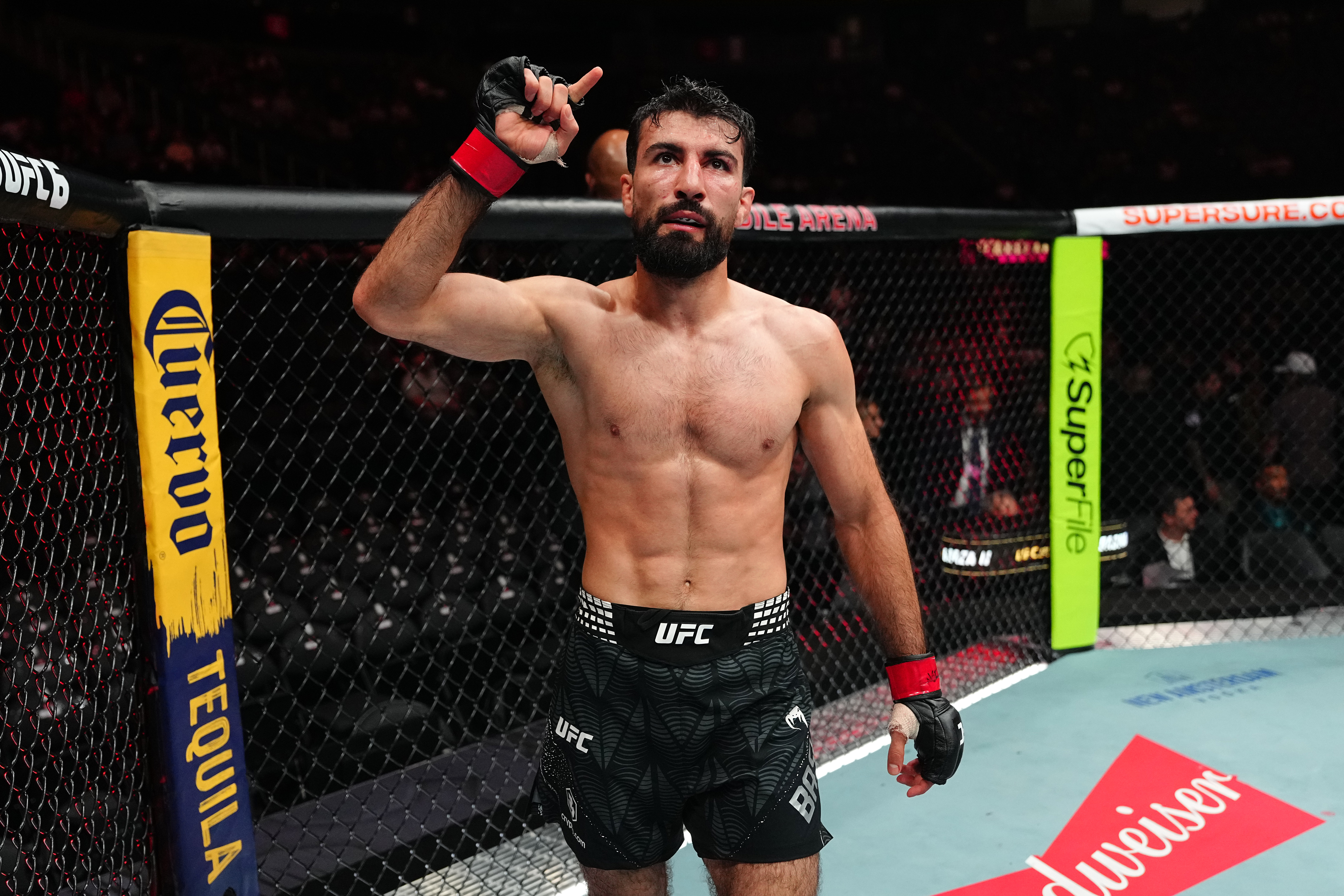 LAS VEGAS, NEVADA - JULY 11: Farid Basharat of Afghanistan reacts to the end of the match during the UFC 329 event at T-Mobile Arena on July 11, 2026 in Las Vegas, Nevada. (Photo by Jeff Bottari/Zuffa LLC)