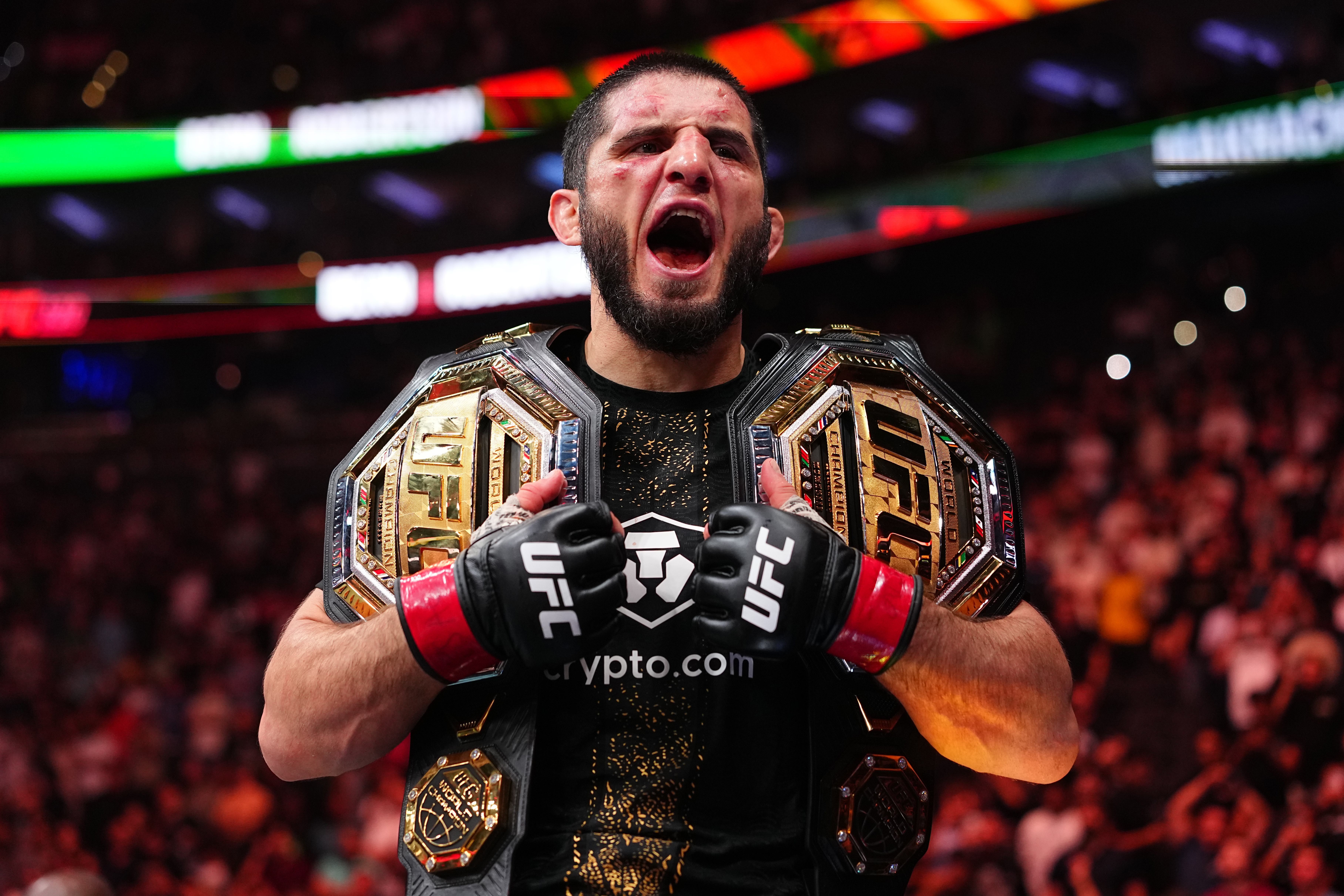 PHILADELPHIA, PENNSYLVANIA - AUGUST 15: Islam Makhachev of Russia reacts after a victory against Ian Machado Garry of Ireland in the UFC welterweight championship fight during the UFC 330 event at Xfinity Mobile Arena on August 15, 2026 in Philadelphia, Pennsylvania. (Photo by Chris Unger/Zuffa LLC)