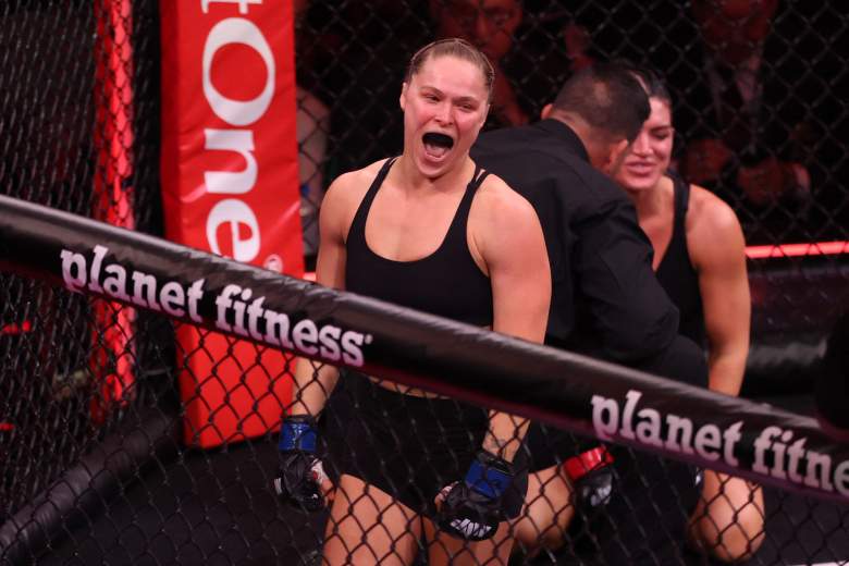 US Mixed Martial Arts (MMA) fighter Ronda Rousey reacts after defeating Gina Carano during their Featherweight Bout at the Intuit Dome in Inglewood, California, on May 16, 2026. (Photo by Patrick T. Fallon / AFP via Getty Images)