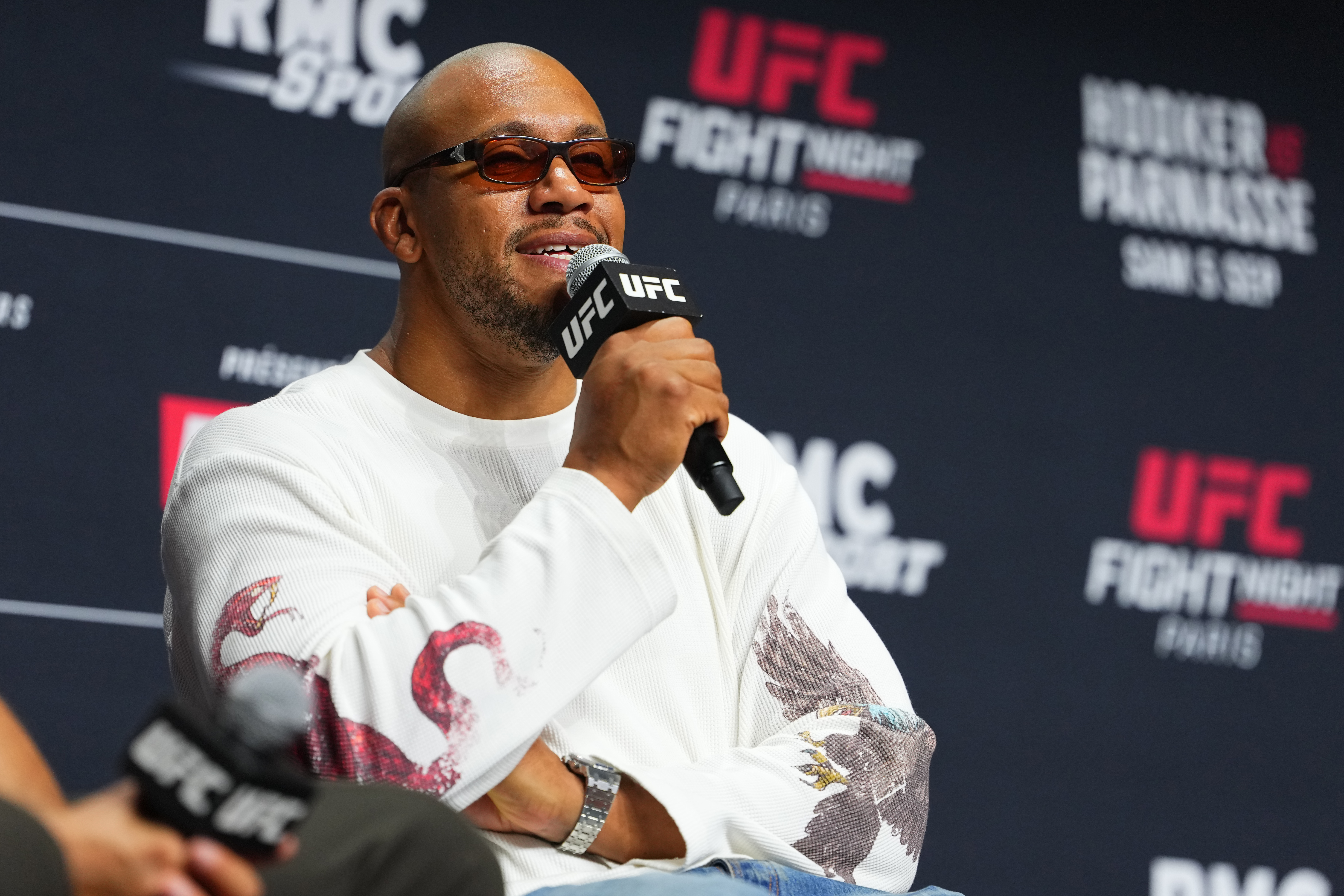 PARIS, FRANCE - SEPTEMBER 04: Ciryl Gane interacts with fans during a Q&A prior to the UFC Fight Night ceremonial weigh-in at The Accor Arena on September 04, 2026 in Paris, France. (Photo by Jeff Bottari/Zuffa LLC)