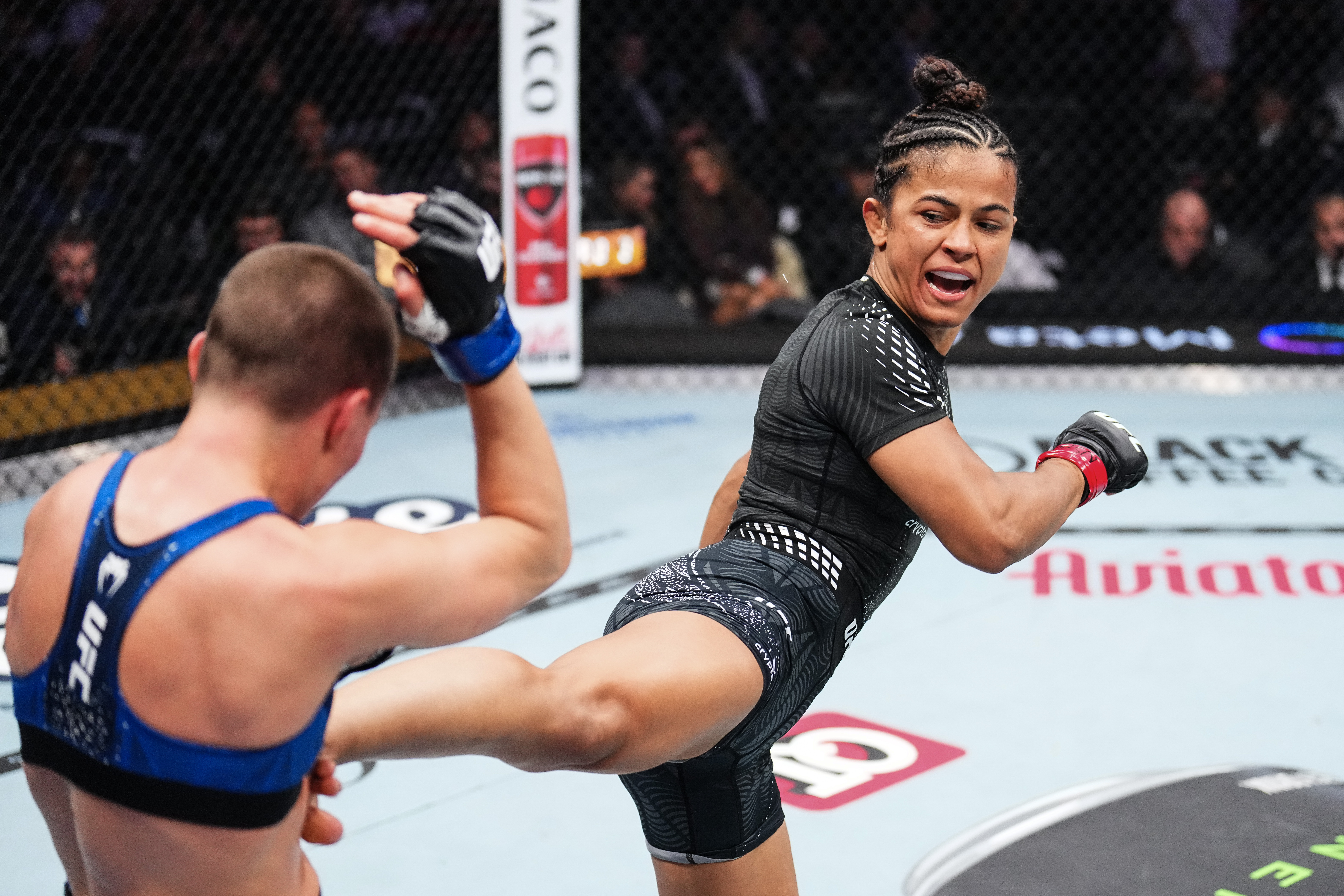 LAS VEGAS, NEVADA - JANUARY 24: Natalia Silva of Brazil strikes Rose Namajunas in a flyweight bout during the UFC 324 event at T-Mobile Arena on January 24, 2026 in Las Vegas, Nevada. (Photo by Chris Unger/Zuffa LLC)