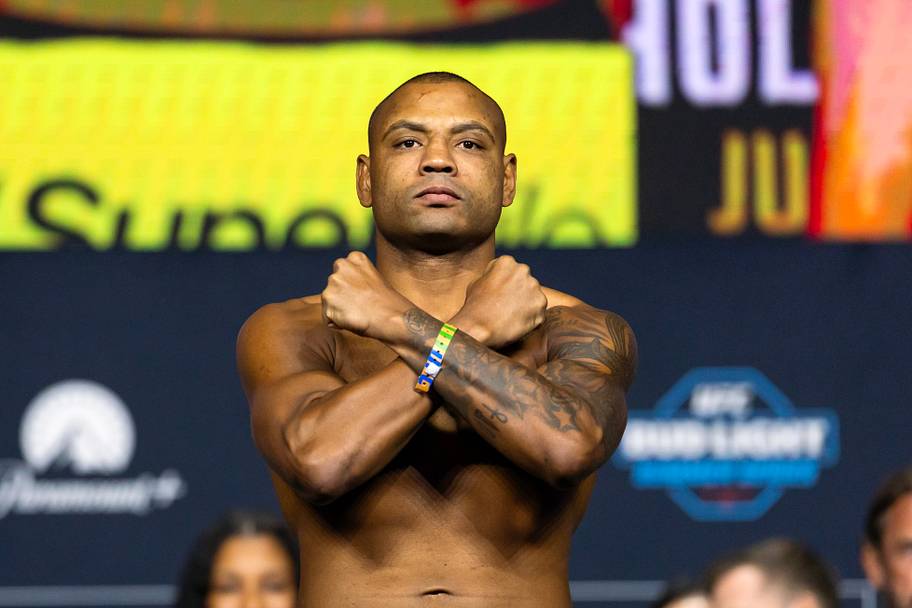 Cesar Almeida during weigh-ins for UFC 329 at T-Mobile Arena.