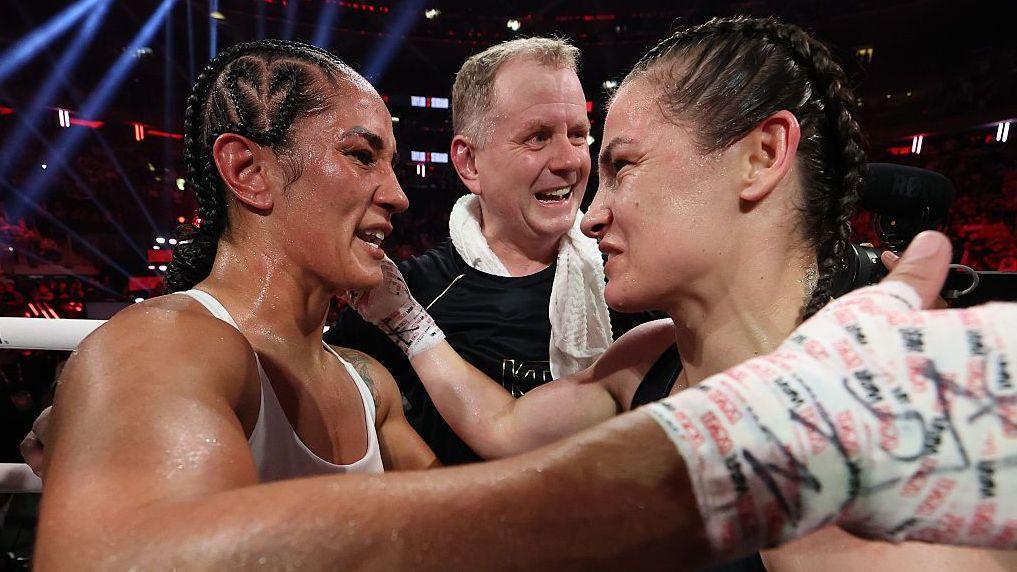 Amanda Serrano and Katie Taylor embrace after the third fight