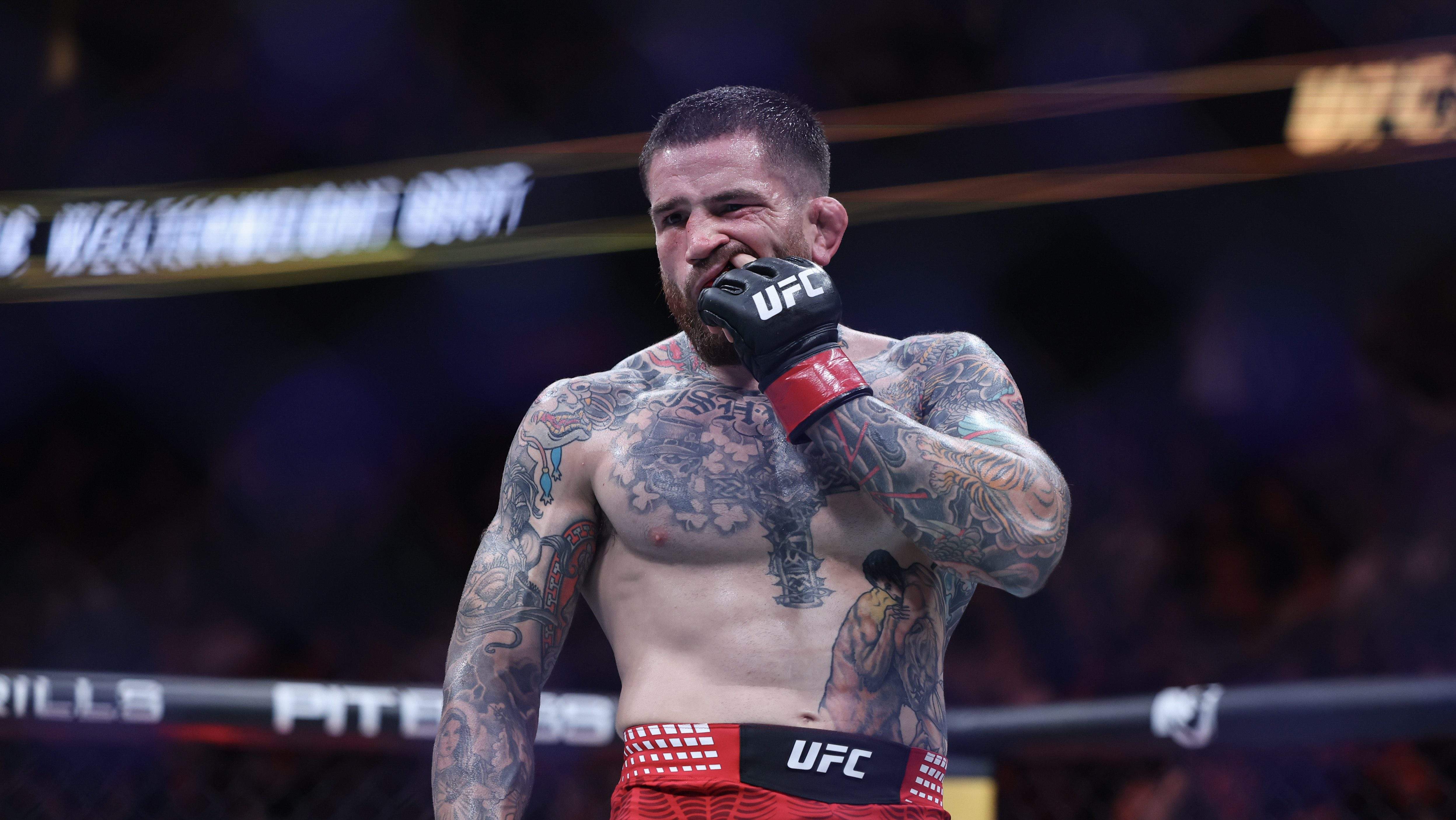 NEWARK, NEW JERSEY - MAY 09: Sean Brady of the United States reacts after his victory via unanimous decision over Joaquin Buckley of the United States ,not pictured, in a welterweight fight during UFC 328 at the Prudential Center on May 09, 2026 in Newark, New Jersey. (Photo by Ishika Samant/Getty Images)