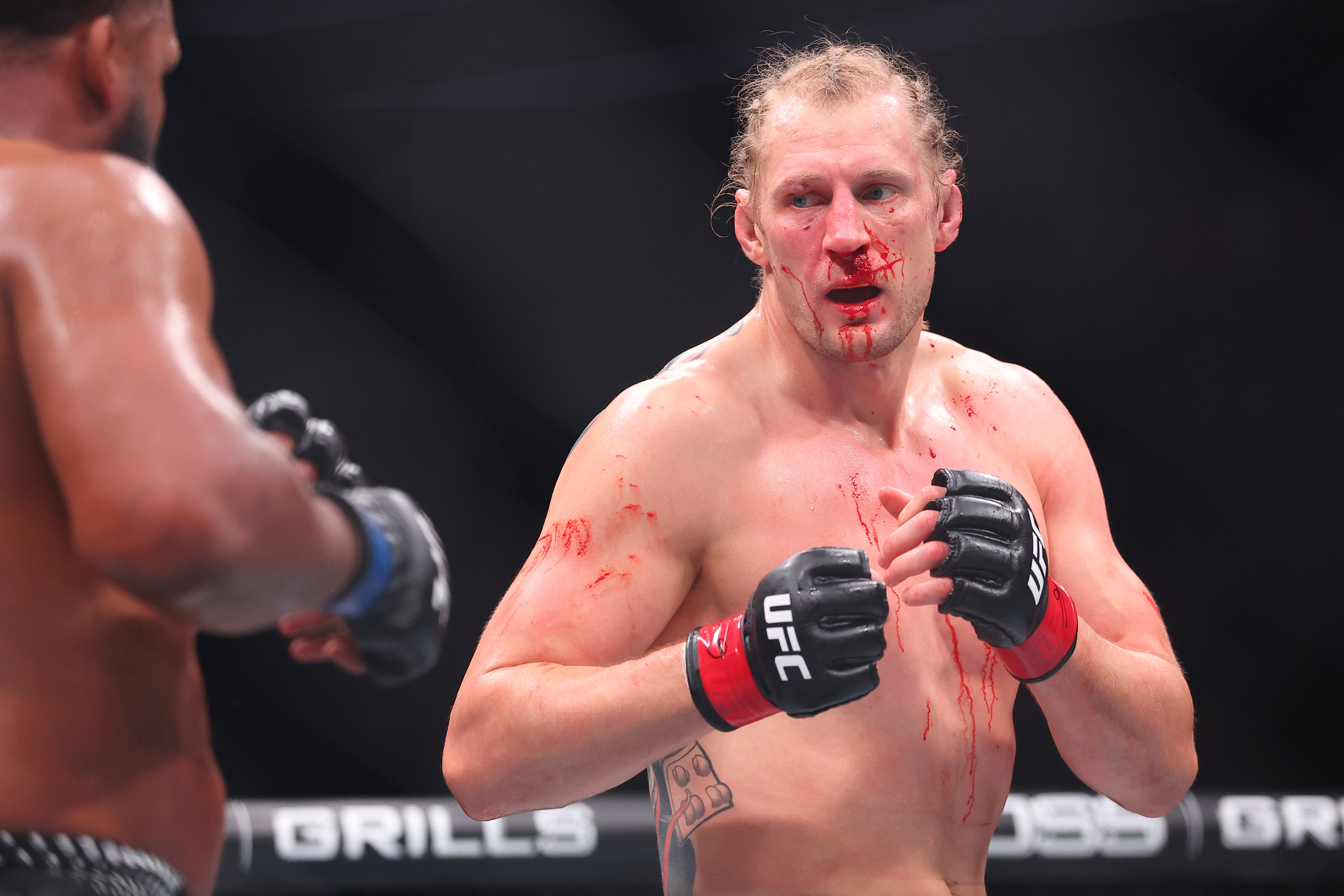 NEWARK, NEW JERSEY - MAY 09: Alexander Volkov of Russia looks on against Waldo Cortes Acosta of the Dominican Republic in a heavyweight fight during the UFC 328 event at Prudential Center on May 09, 2026 in Newark, New Jersey. (Photo by Ed Mulholland/Zuffa LLC)
