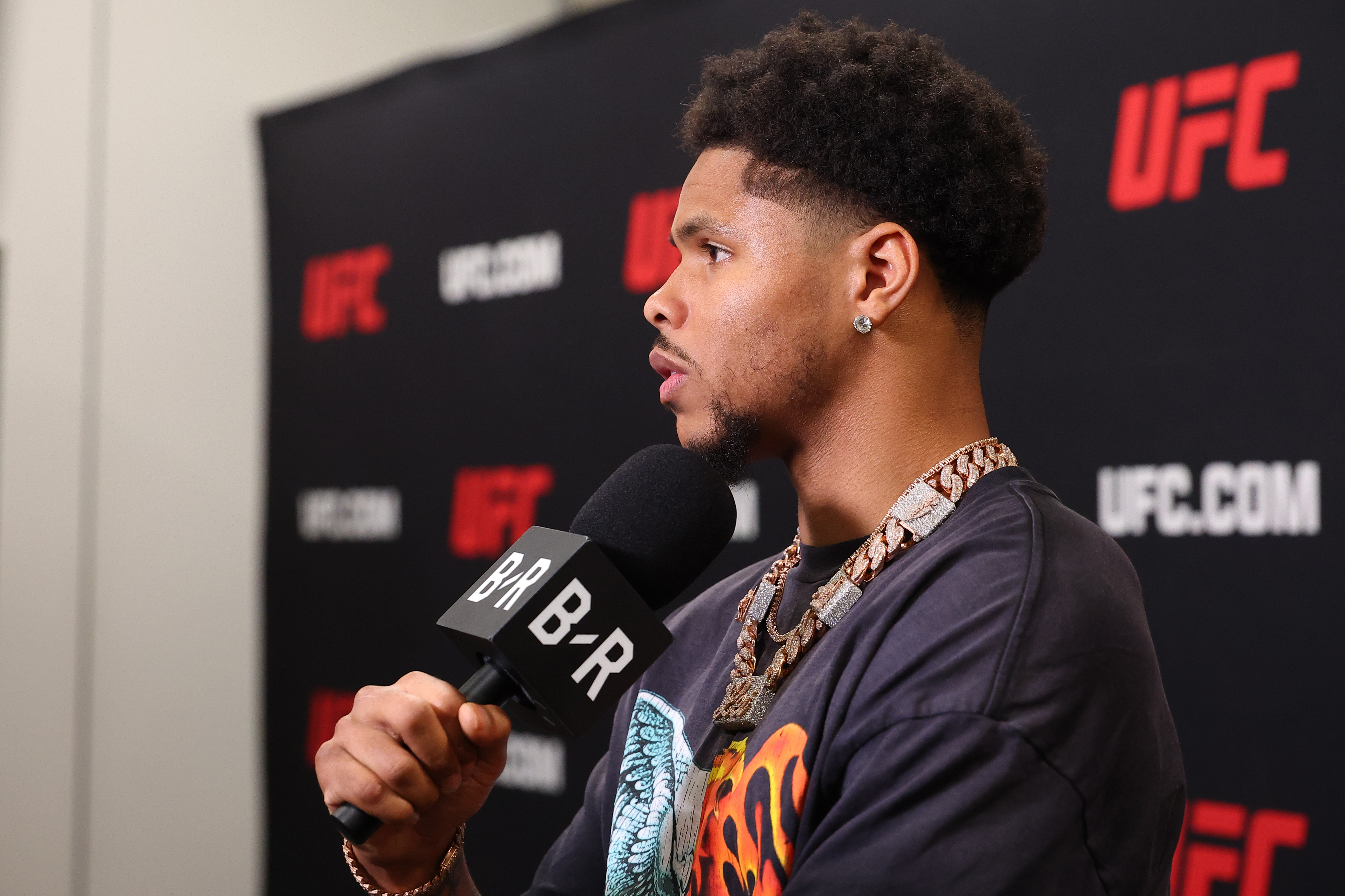 LAS VEGAS, NEVADA - JULY 10: Shakur Stevenson speaks with media during the UFC 329 ceremonial weigh-in at T-Mobile Arena on July 10, 2026 in Las Vegas, Nevada. (Photo by Ed Mulholland/Zuffa LLC)