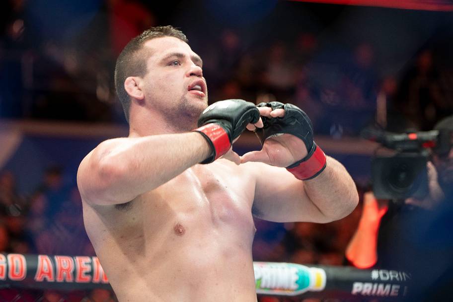 Thomas Petersen (red gloves) reacts after defeating Don'Tale Mayes (blue gloves) during UFC Fight Night at Wells Fargo Arena.