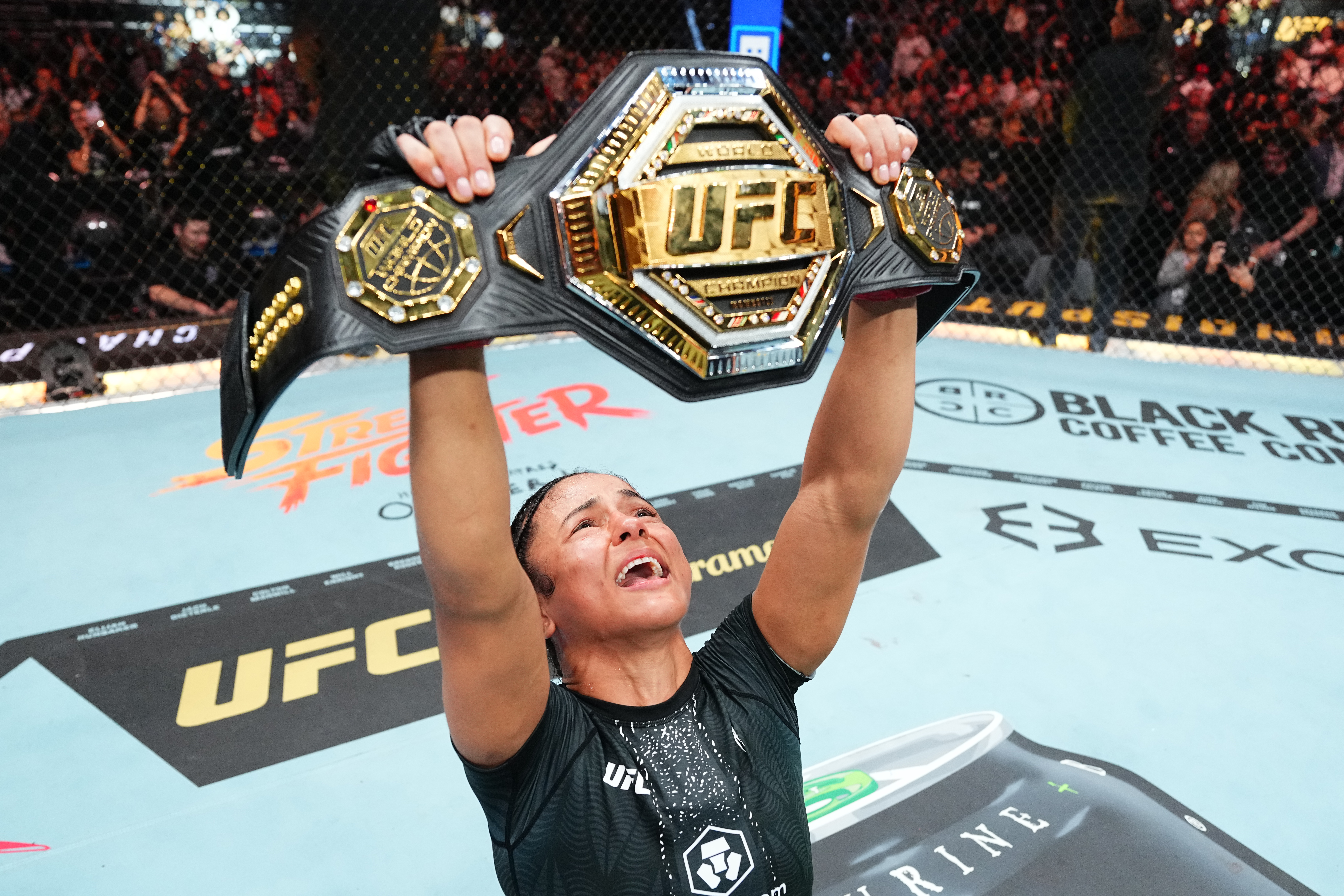 SALT LAKE CITY, UTAH - OCTOBER 03: Natalia Silva of Brazil celebrates after defeating Wang Cong in the UFC flyweight championship fight during the UFC 332 event at Delta Center on October 03, 2026 in Salt Lake City, Utah.  (Photo by Jeff Bottari/Zuffa LLC)