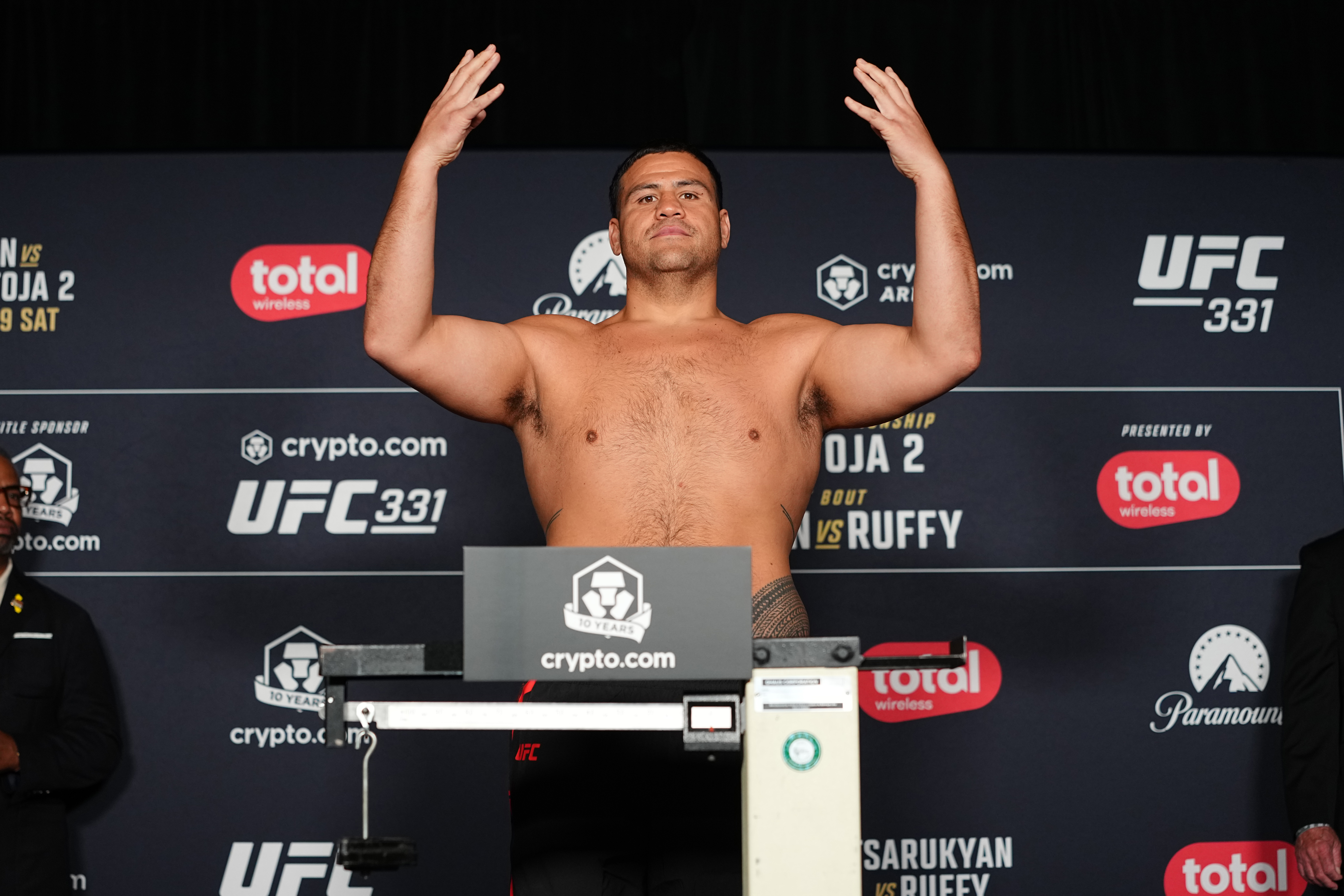 LOS ANGELES, CALIFORNIA - SEPTEMBER 18:  Tai Tuivasa of Australia poses on the scale during the UFC 331 official weigh-in at InterContinental Los Angeles Downtown on September 18, 2026 in Los Angeles, California.  (Photo by Chris Unger/Zuffa LLC)