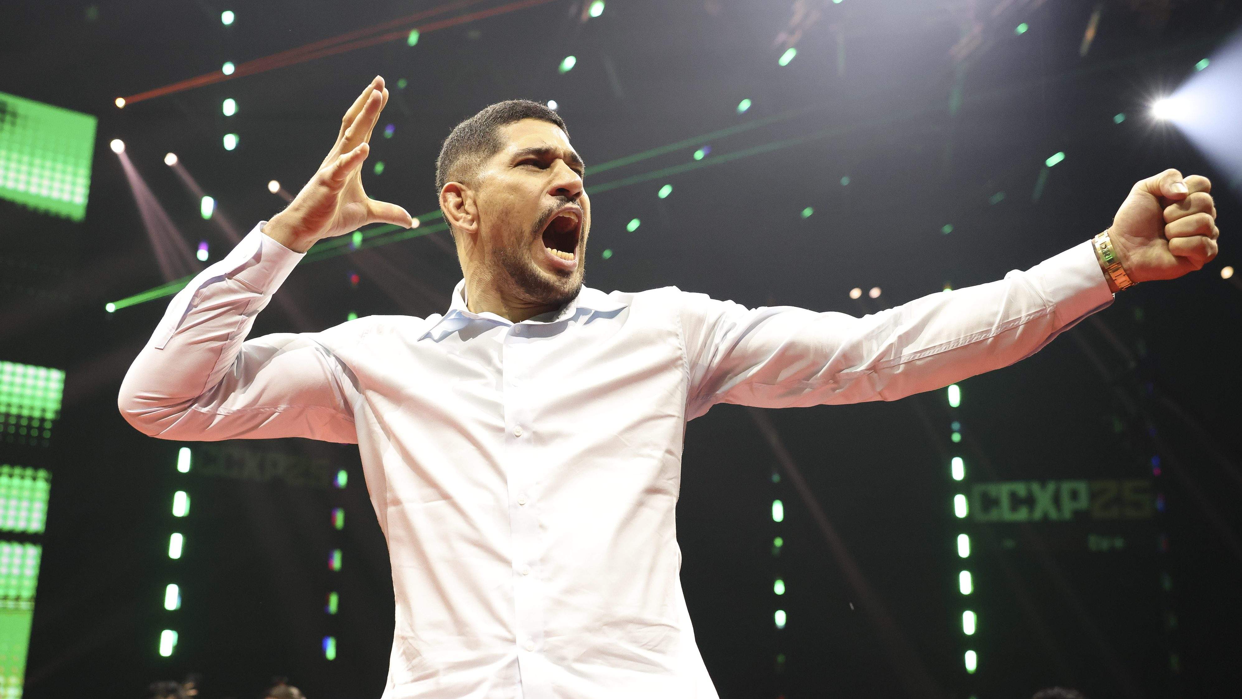SAO PAULO, BRAZIL - DECEMBER 06: UFC fighter Alex Pereira reacts during a panel as part of the CCXP Sao Paulo 2025 at Expo Sao Paulo on December 06, 2025 in Sao Paulo, Brazil. (Photo by Alexandre Schneider/Getty Images For Paramount+)