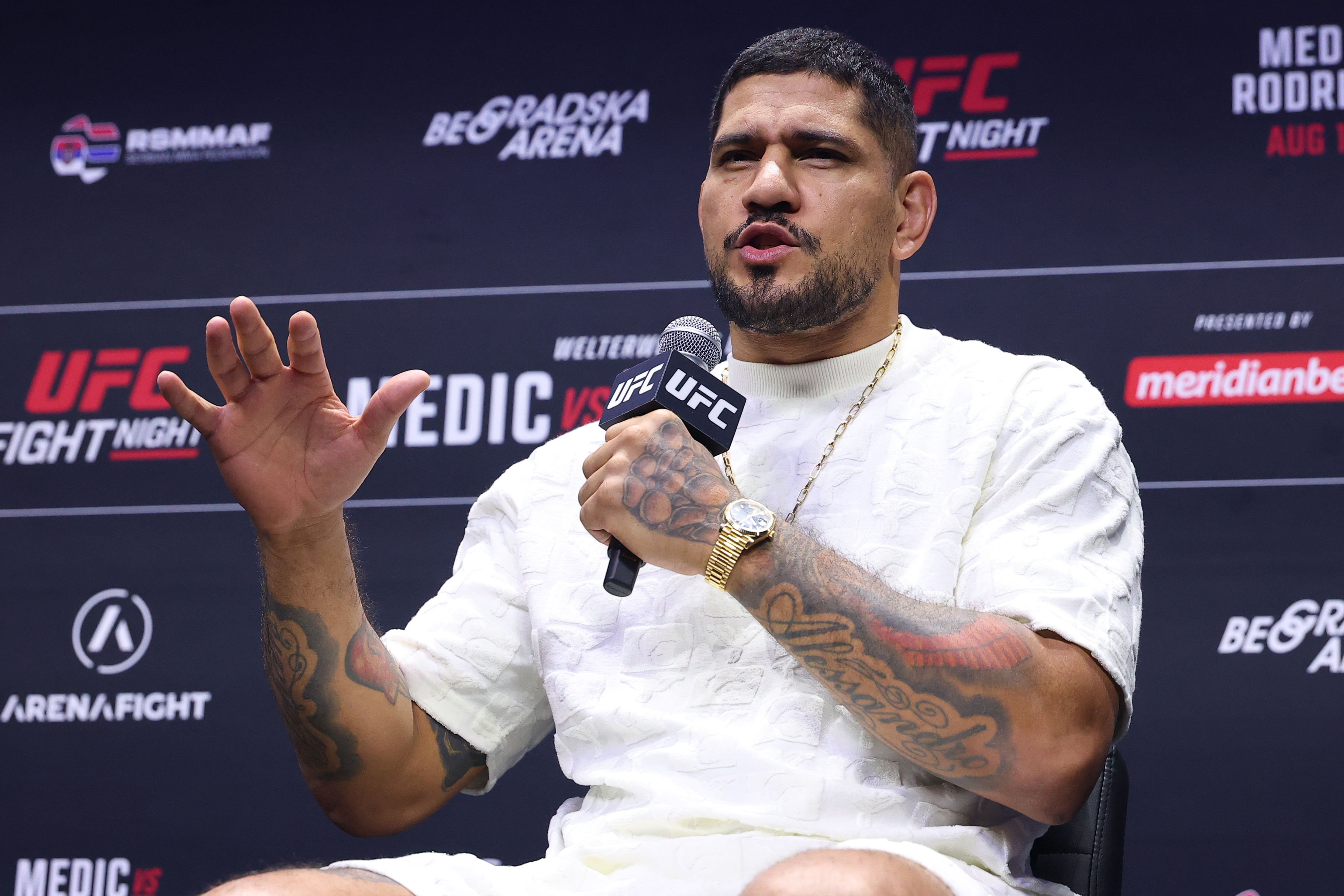 BELGRADE, SERBIA - JULY 31: Alex Pereira interacts with fans during a Q&A session prior to the UFC Fight Night ceremonial weigh-in at Belgrade Arena on July 31, 2026 in Belgrade, Serbia.  (Photo by Ed Mulholland/Zuffa LLC)