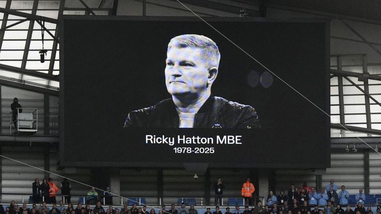 A black tribute banner in memory of Ricky Hatton at Manchester City's Etihad Stadium shortly after his death