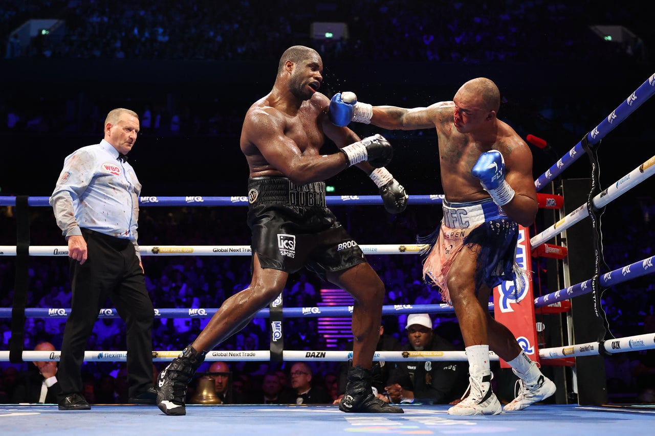 Fabio Wardley punches Daniel Dubois in their bruising first fight in May (Getty)