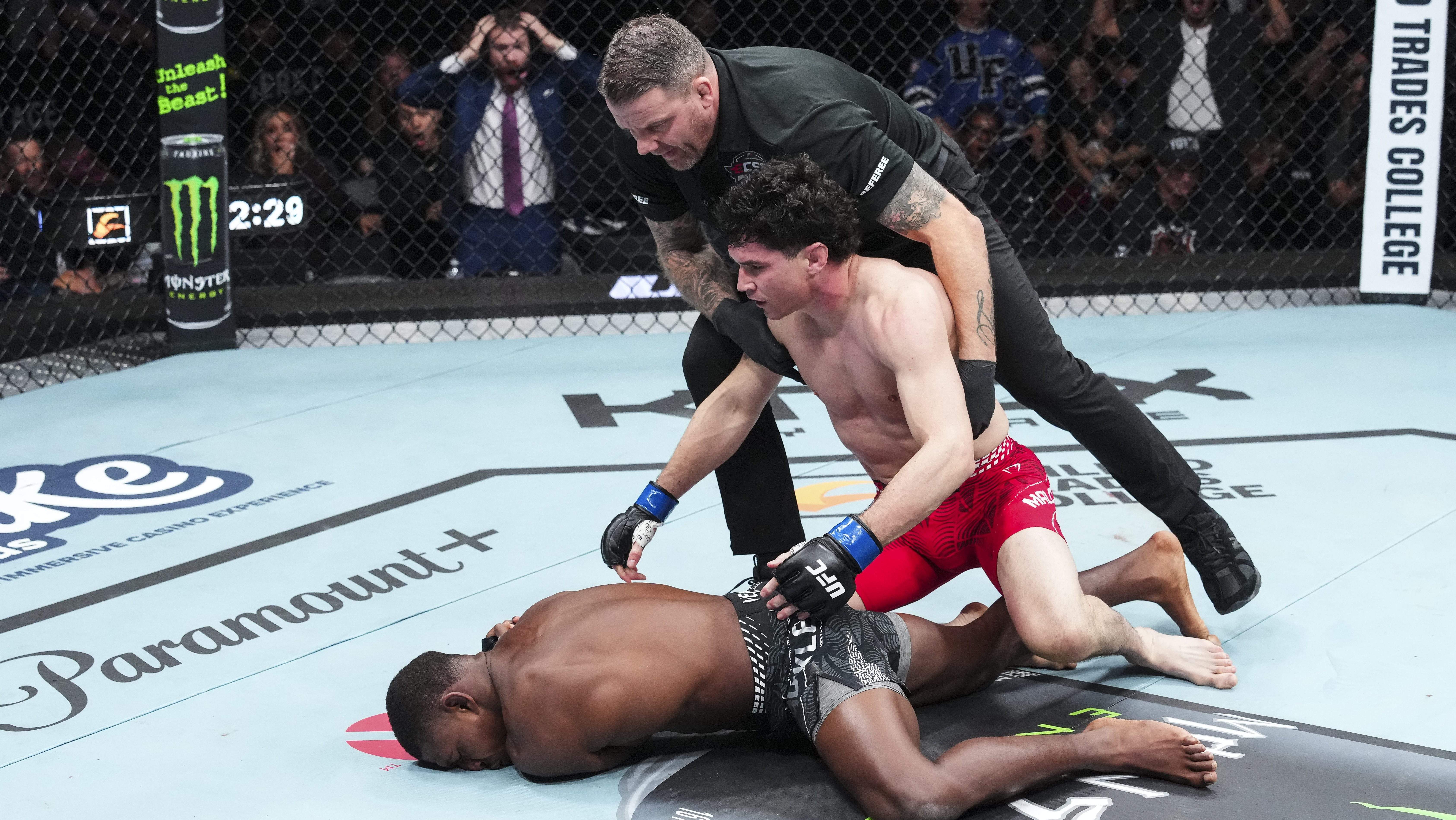 EDMONTON, ALBERTA - OCTOBER 17: Mike Malott of Canada knocks out Joaquin Buckley in their welterweight fight during UFC Fight Night event at Rogers Centre on October 17, 2026 in Edmonton, Alberta, Canada. (Photo by Ed Mulholland/Zuffa LLC)