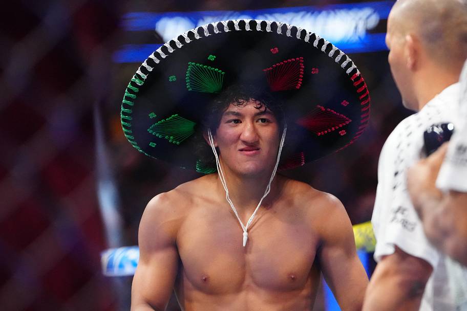 Raul Rosas Jr. reacts after defeating Rob Font fights during UFC 326 at T-Mobile Arena.