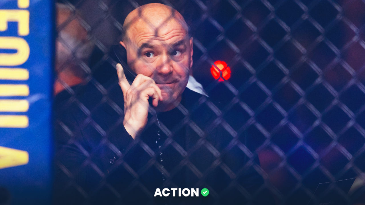 Jul 11, 2026; Las Vegas, Nevada, USA; UFC president Dana White on the phone alongside the octagon during UFC 329 at T-Mobile Arena. Mandatory Credit: Mark J. Rebilas-Imagn Images