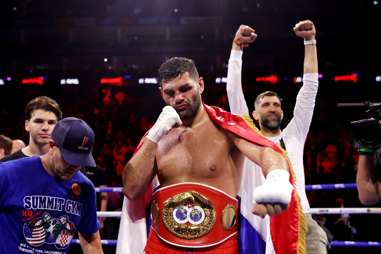 Filip Hrgovic celebrates after winning the IBF World Heavyweight title bout against Moses Itauma at The O2 Arena, London (PA Wire)
