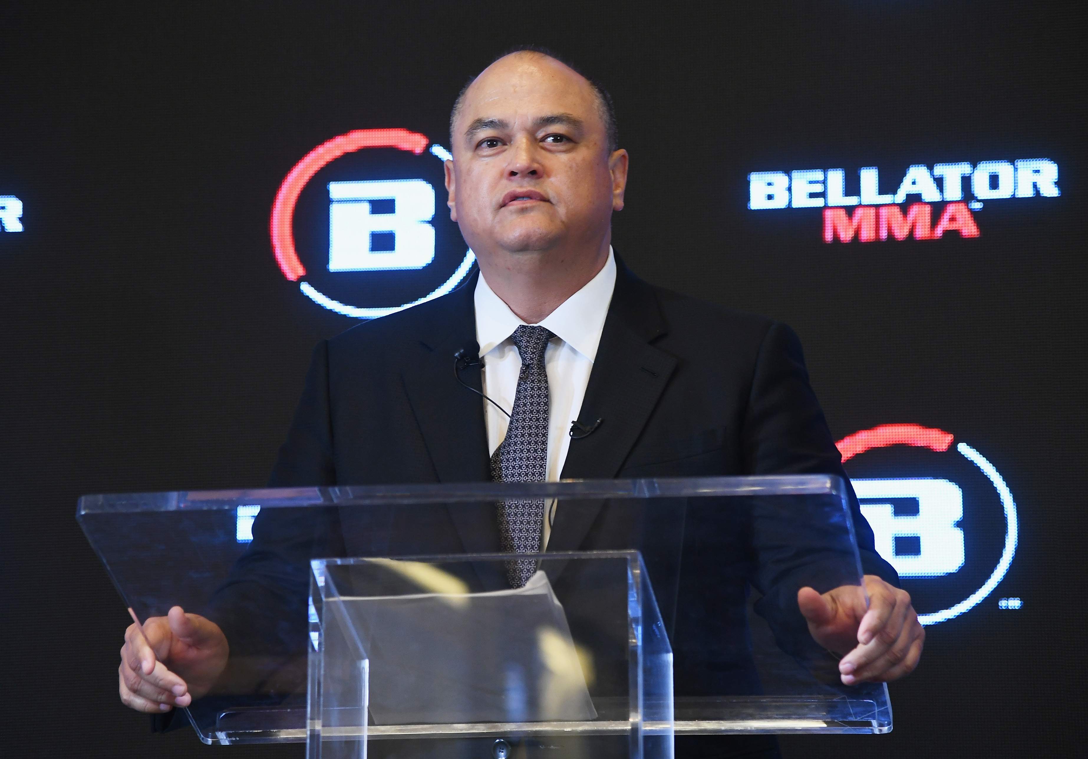NEW YORK, NY - JUNE 26: President of Bellator Scott Coker speaks onstage during the Bellator-DAZN announcement press conference on June 26, 2018 at Viacom in New York City. (Photo by Dave Kotinsky/Getty Images for Bellator MMA)