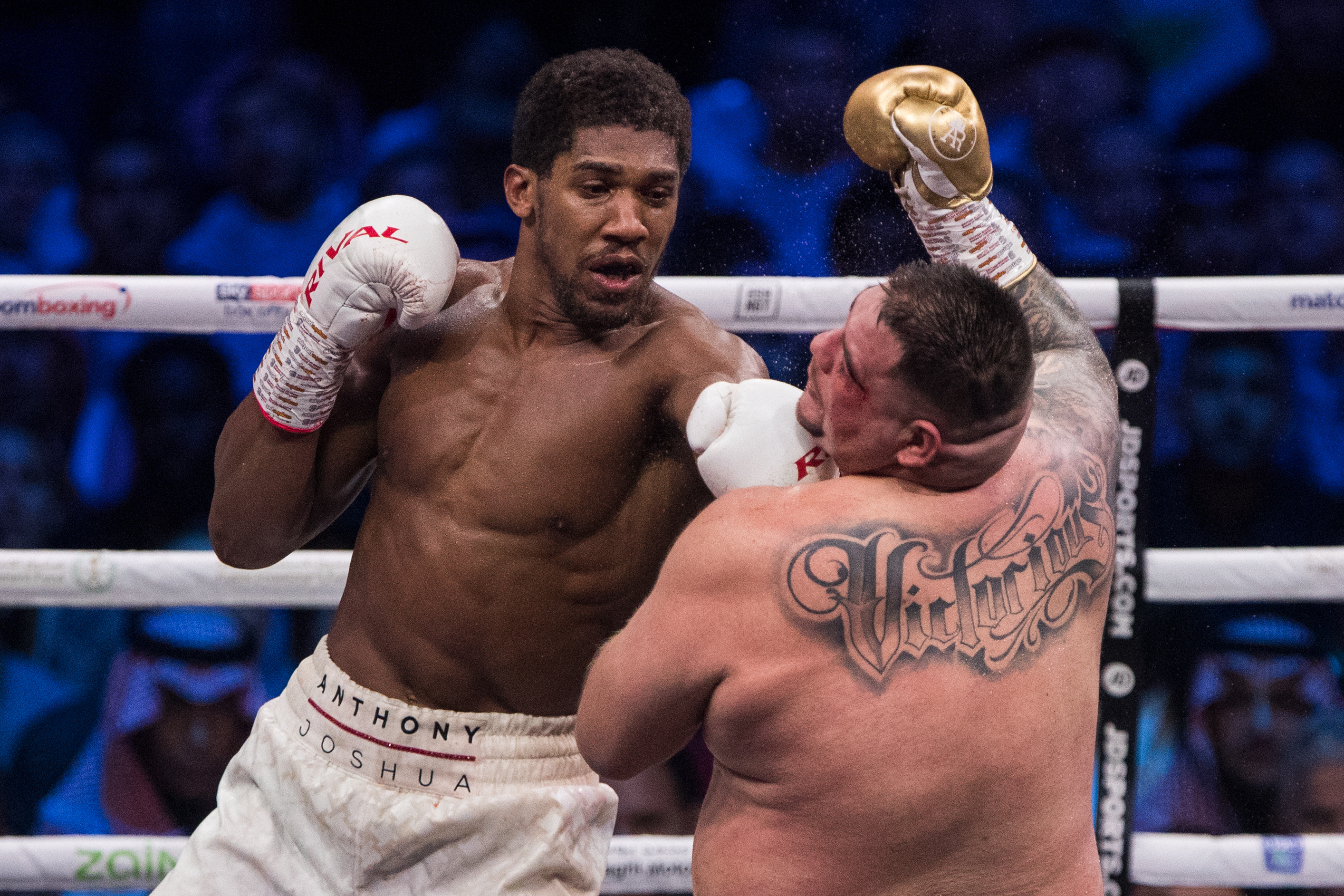 08 December 2019, Saudi Arabia, Diriyah: US-Mexican professional boxer Andy Ruiz Jr (R) in action against Britain's Anthony Joshua during their World Heavyweight Championship contest at the Diriyah Arena. Photo: Oliver Weiken/dpa (Photo by Oliver Weiken/picture alliance via Getty Images)