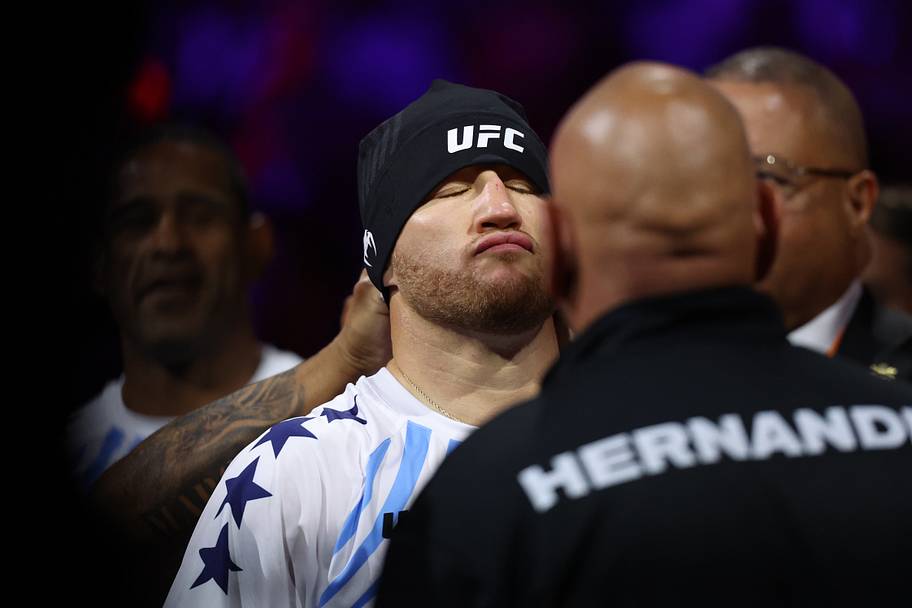 Justin Gaethje (blue gloves) prior to his fight against Ilia Topuria (not pictured) during the UFC Freedom 250 at the White H