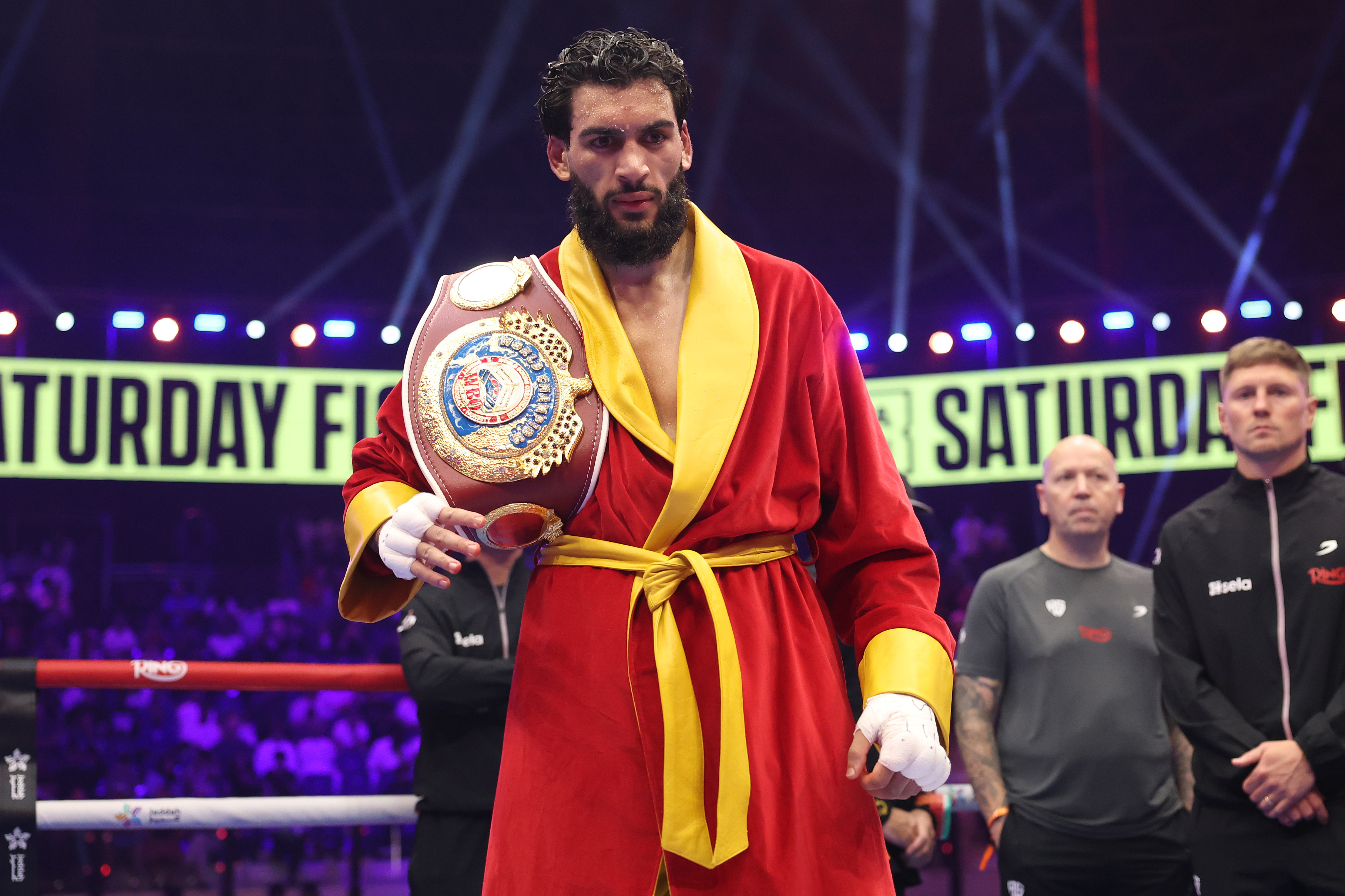 JEDDAH, SAUDI ARABIA - JULY 25: Hamzah Sheeraz poses for photo with his belt following victory over Simon Zachenhuber after the WBO World Super Middleweight title fight between Hamzah Sheeraz and Simon Zachenhuber in the Anthony Joshua v Kristian Prenga: The Comeback fight night at Jeddah Superdome on July 25, 2026 in Jeddah, Saudi Arabia. (Photo by Richard Pelham/Getty Images)