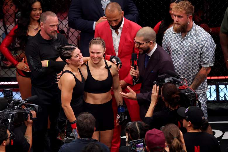 INGLEWOOD, CALIFORNIA - MAY 16: Ronda Rousey and Gina Carano are interviewed by Ariel Helwani after their featherweight bout during the main card of Netflix's Ronda Rousey vs. Gina Carano at Intuit Dome on May 16, 2026 in Inglewood, California. (Photo by Harry How/Getty Images for Netflix)