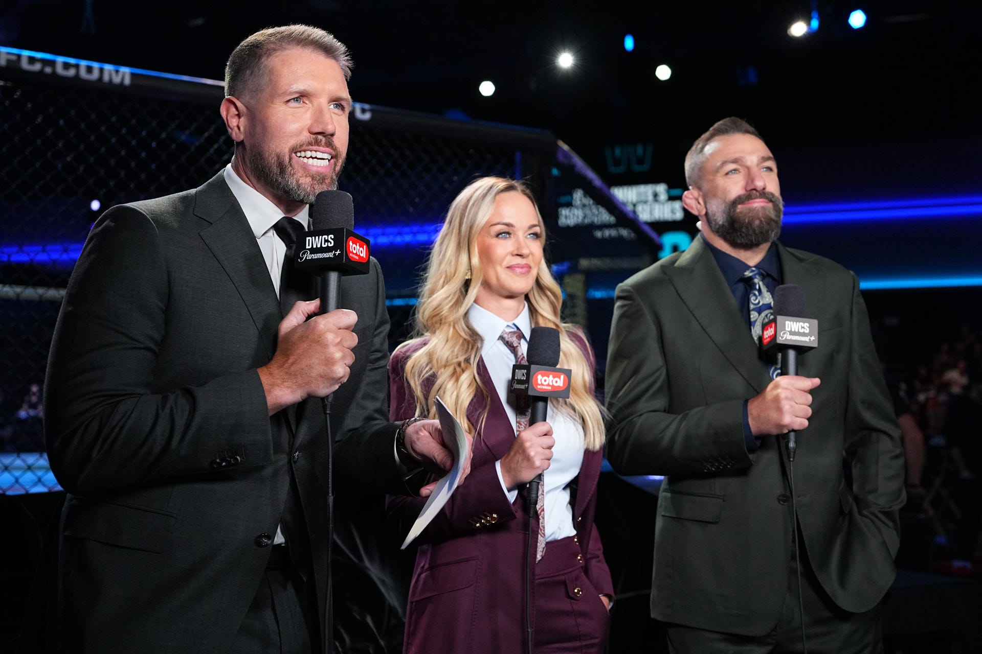 LAS VEGAS, NEVADA - SEPTEMBER 01: (L-R) Brendan Fitzgerald, Laura Sanko, and Michael Chiesa anchor the broadcast during DWCS Season 10, Week 4 at Meta APEX on September 01, 2026 in Las Vegas, Nevada. (Photo by Chris Unger/Zuffa LLC)