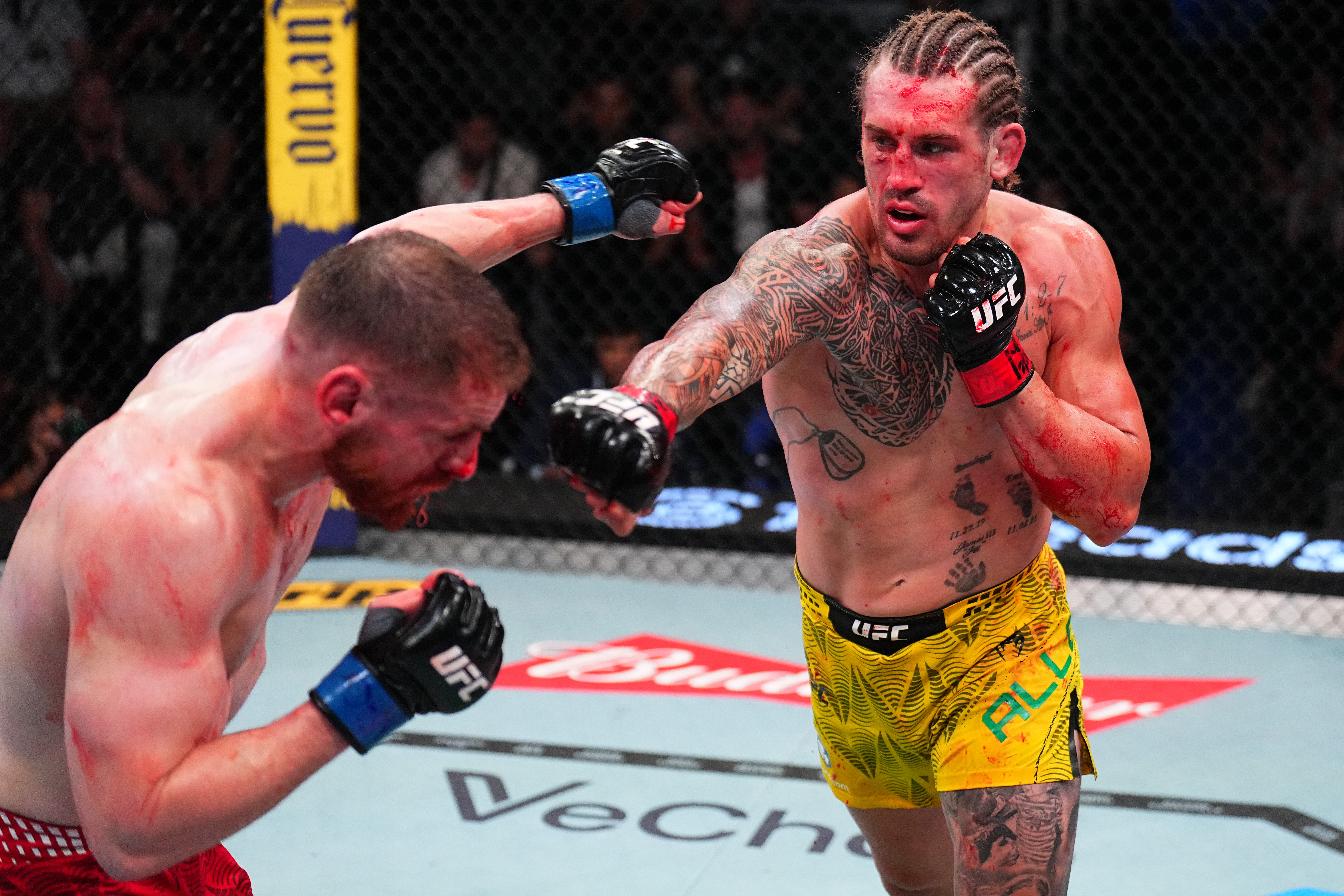 LAS VEGAS, NEVADA - JUNE 06: (R-L) Brendan Allen punches Edmen Shahbazyan in a middleweight fight during the UFC Fight Night event at Meta APEX on June 06, 2026 in Las Vegas, Nevada. (Photo by Chris Unger/Zuffa LLC)