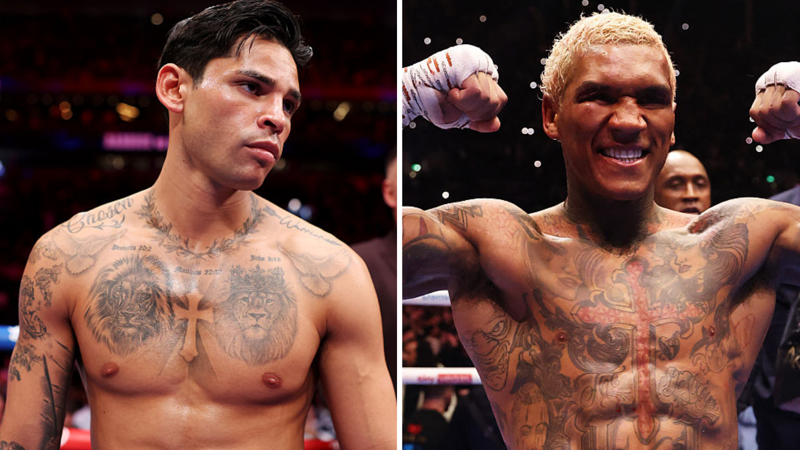 A side-by-side image of a shirtless Ryan Garcia and a shirtless Conor Benn