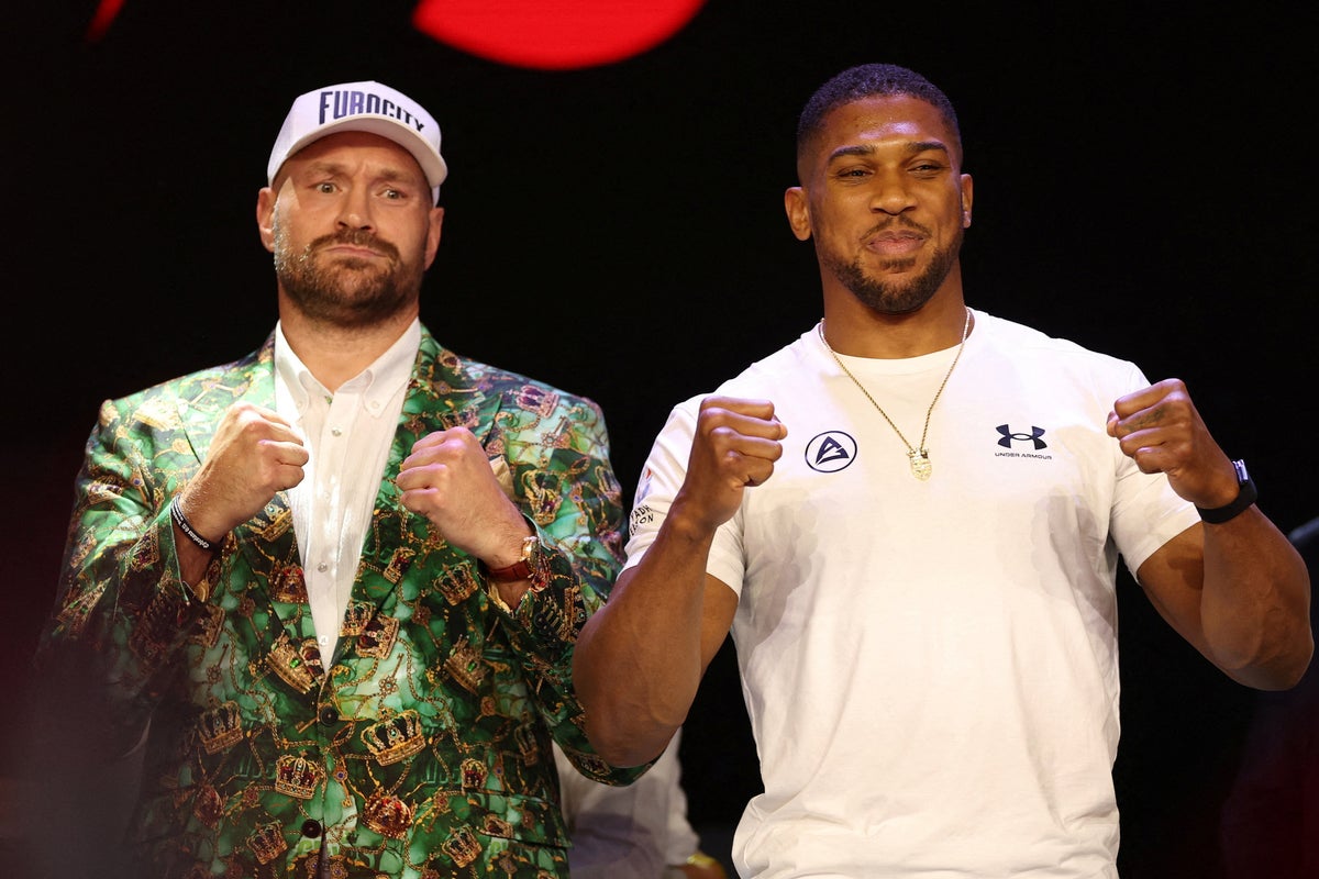 Anthony Joshua and Tyson Fury pose during the press conference (Reuters)