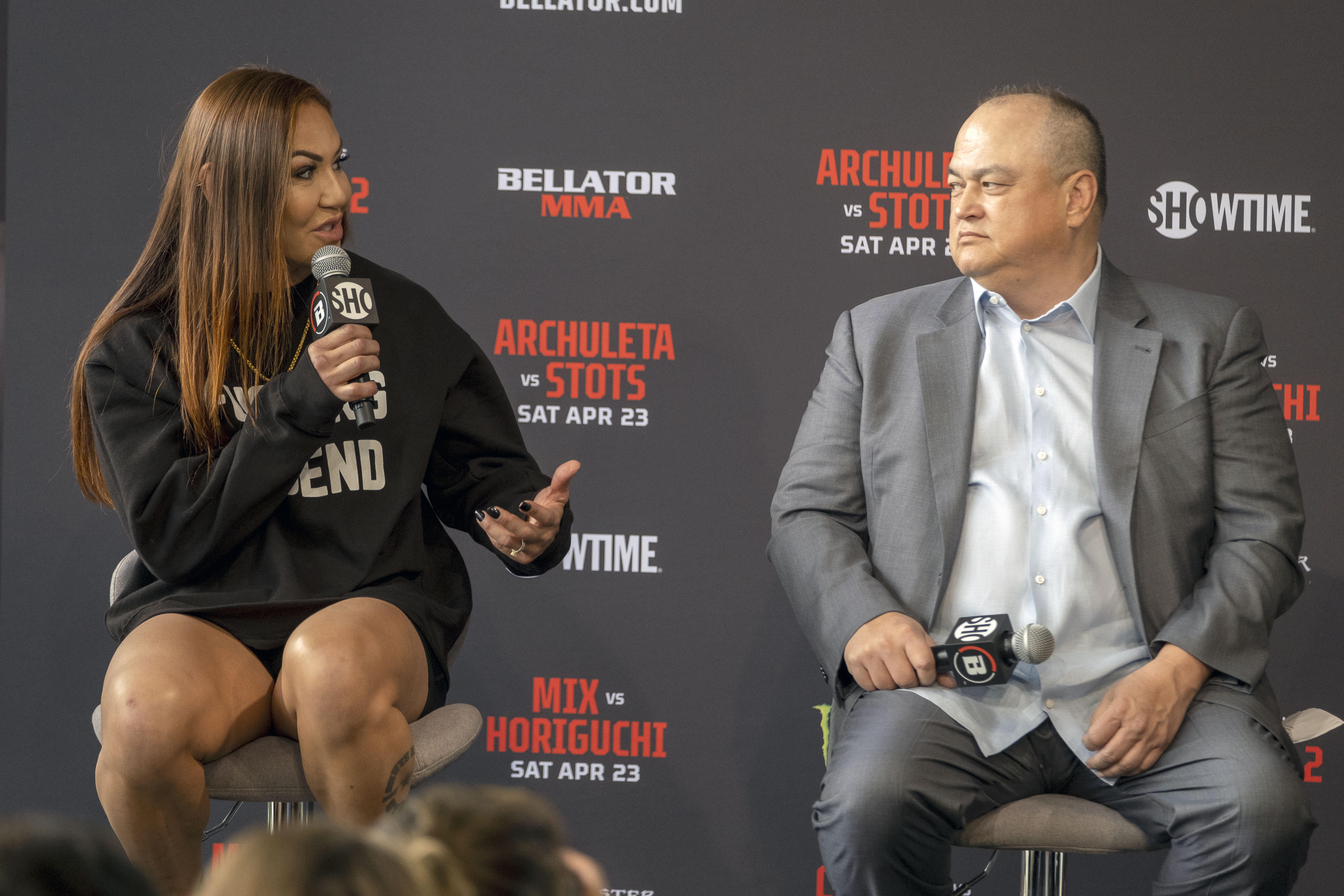 Los Angeles, CA - April 11: Bellator Women's Featherweight Champion Cris Cyborg with Bellator president Scott Coker during a press conference for Bellator 279 at the Grammy Museum at LA Live in Los Angeles, Monday April 11, 2022. (Photo by Hans Gutknecht/MediaNews Group/Los Angeles Daily News via Getty Images)