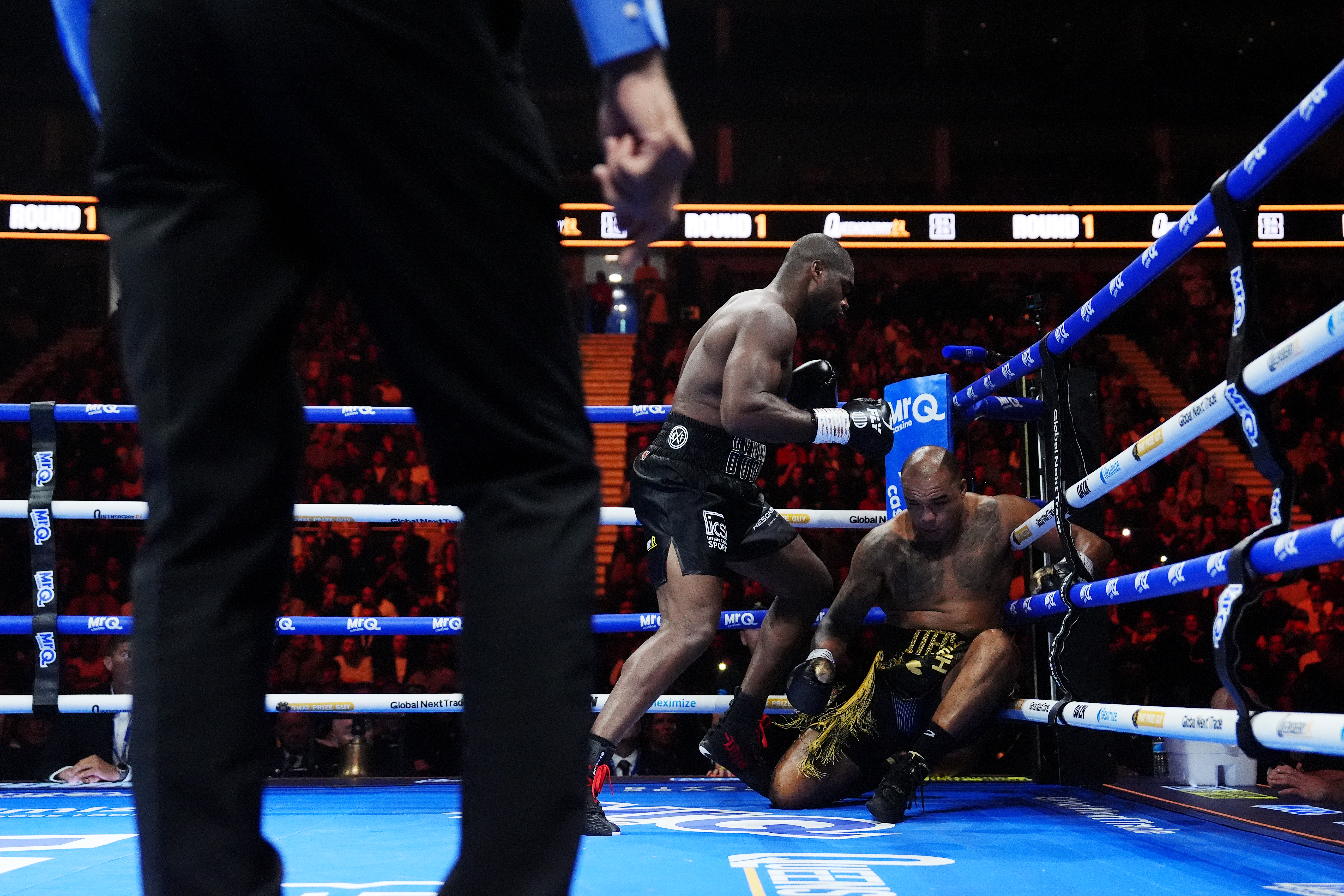 Fabio Wardley (right) is knocked down during his Heavyweight bout against Daniel Dubois at The O2 Arena, London. Picture date: Saturday October 17, 2026. (Photo by Nick Potts/PA Images via Getty Images)