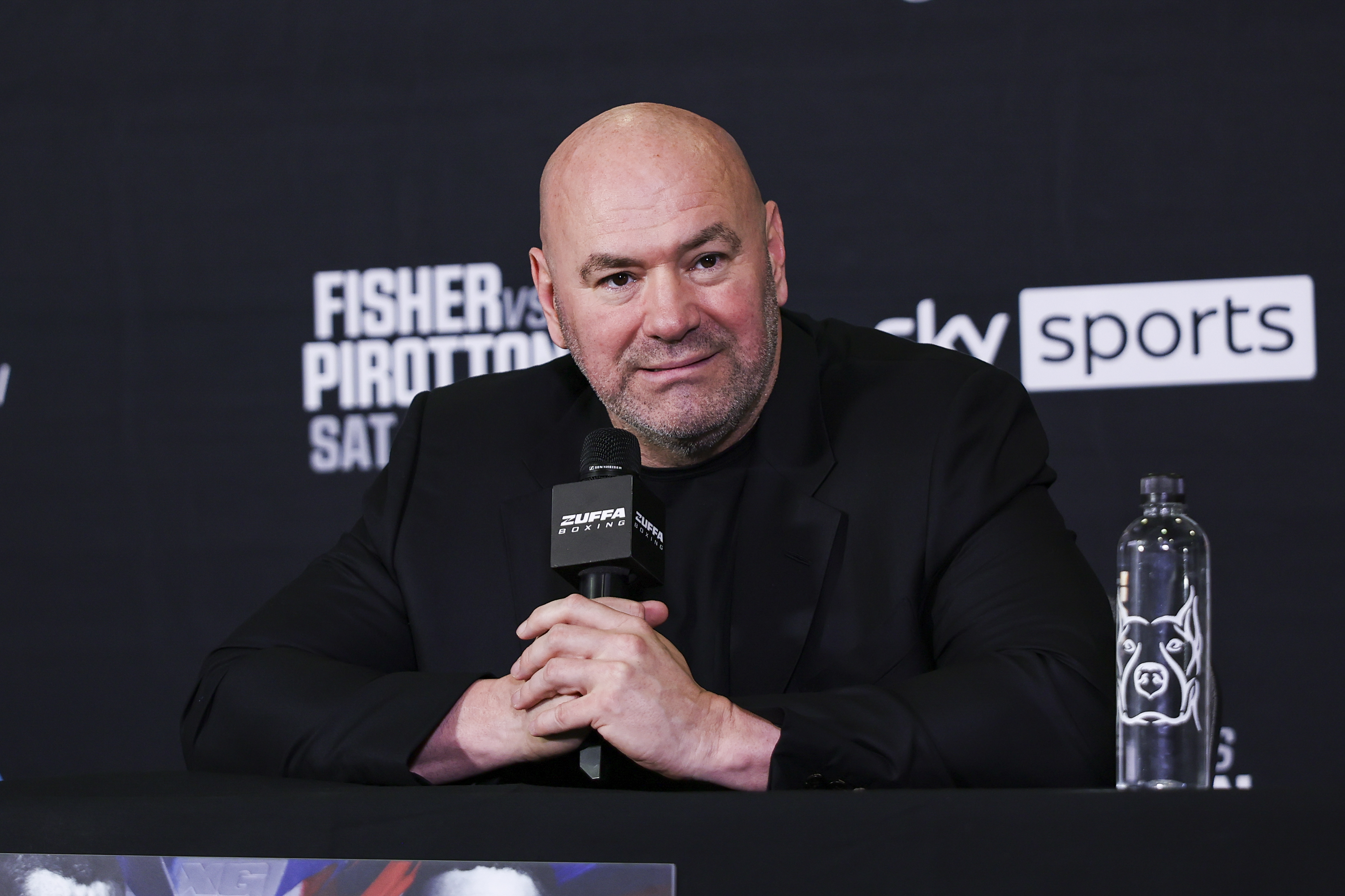 LONDON, ENGLAND - SEPTEMBER 26: Dana White speaks at a press conference after the Zuffa Boxing 11 event at Copperbox Arena on September 26, 2026 in London, England. (Photo by Mark Robinson/Zuffa Boxing via Getty Images)