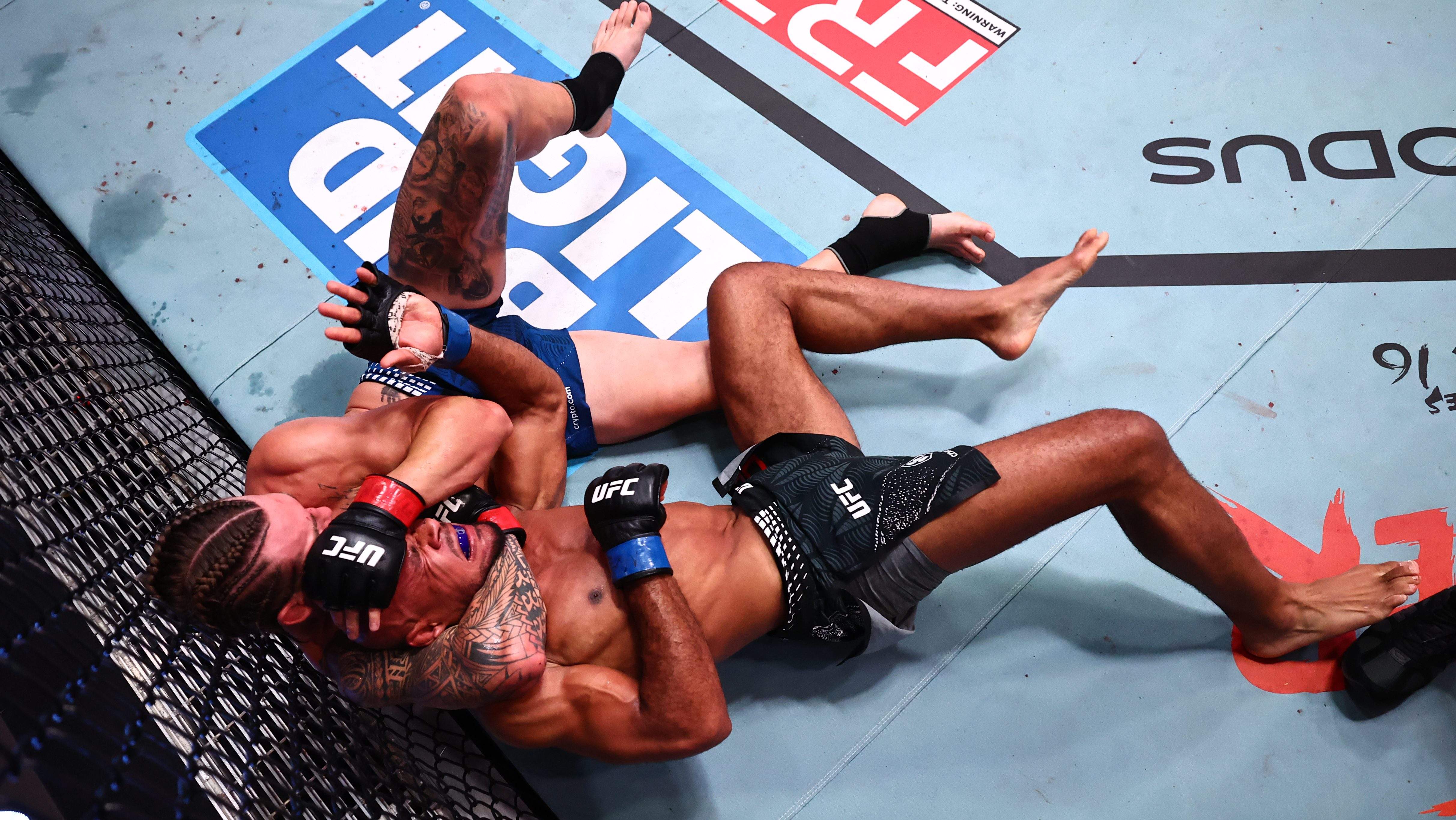 LAS VEGAS, NEVADA - OCTOBER 10: (L-R) Brendan Allen works for a submission against Christian Leroy Duncan of England in a middleweight fight during the UFC Fight Night event at Meta APEX on October 10, 2026 in Las Vegas, Nevada. (Photo by Mike Kirschbaum/Zuffa LLC)