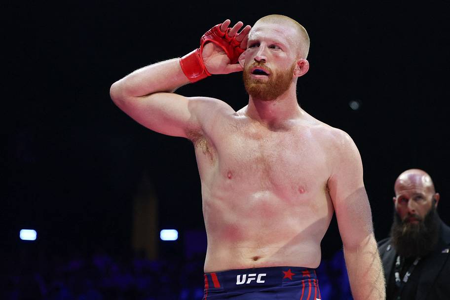 Bo Nickal celebrates a win against Kyle Daukaus (not pictured) during UFC Freedom 250 at White House South Lawn.