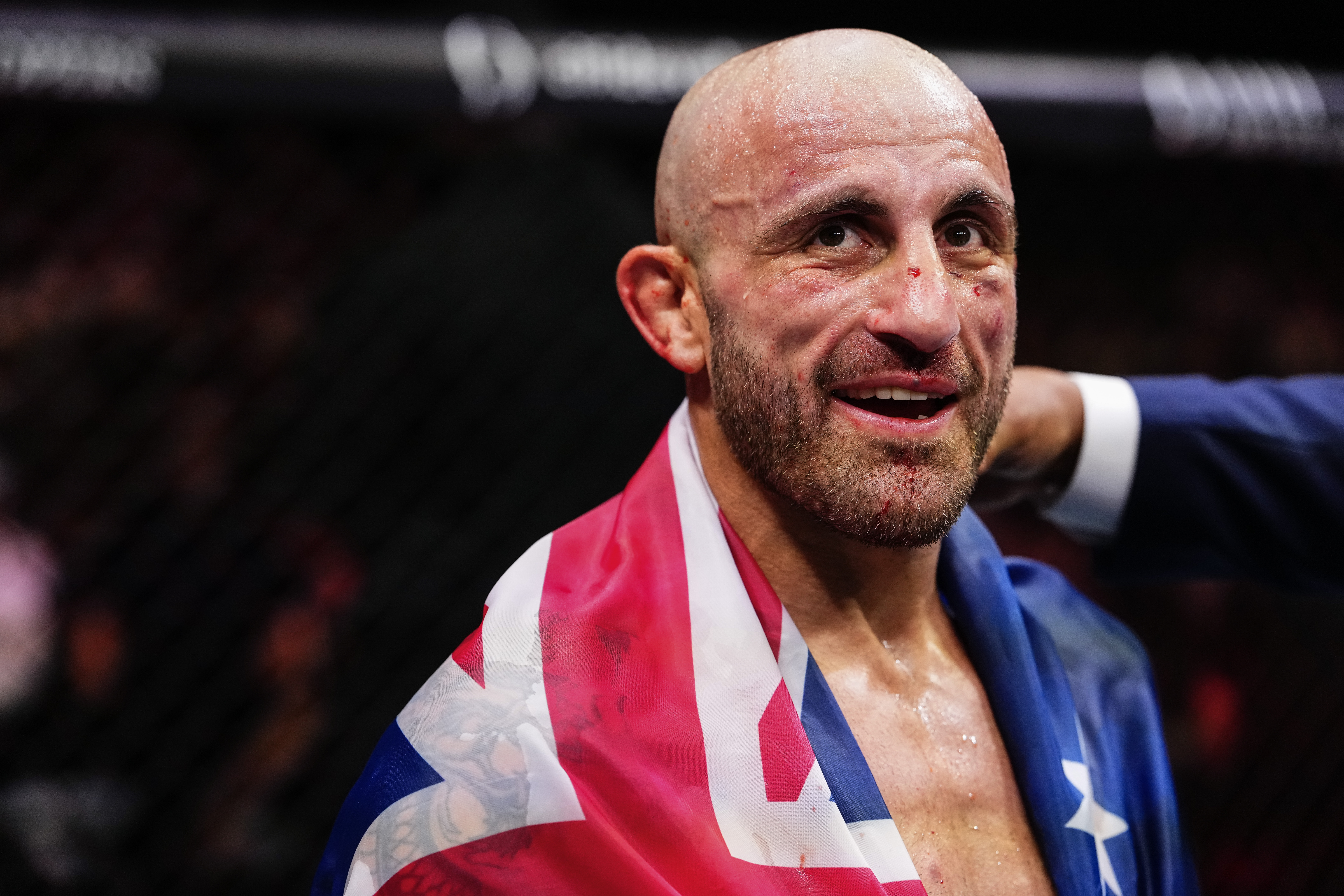 ABU DHABI, UNITED ARAB EMIRATES - OCTOBER 24: Alexander Volkanovski of Australia reacts after a victory against Movsar Evloev of Russia in the UFC featherweight championship fight during the UFC 333 event at Etihad Arena on October 24, 2026 in Abu Dhabi, United Arab Emirates.  (Photo by Jeff Bottari/Zuffa LLC)