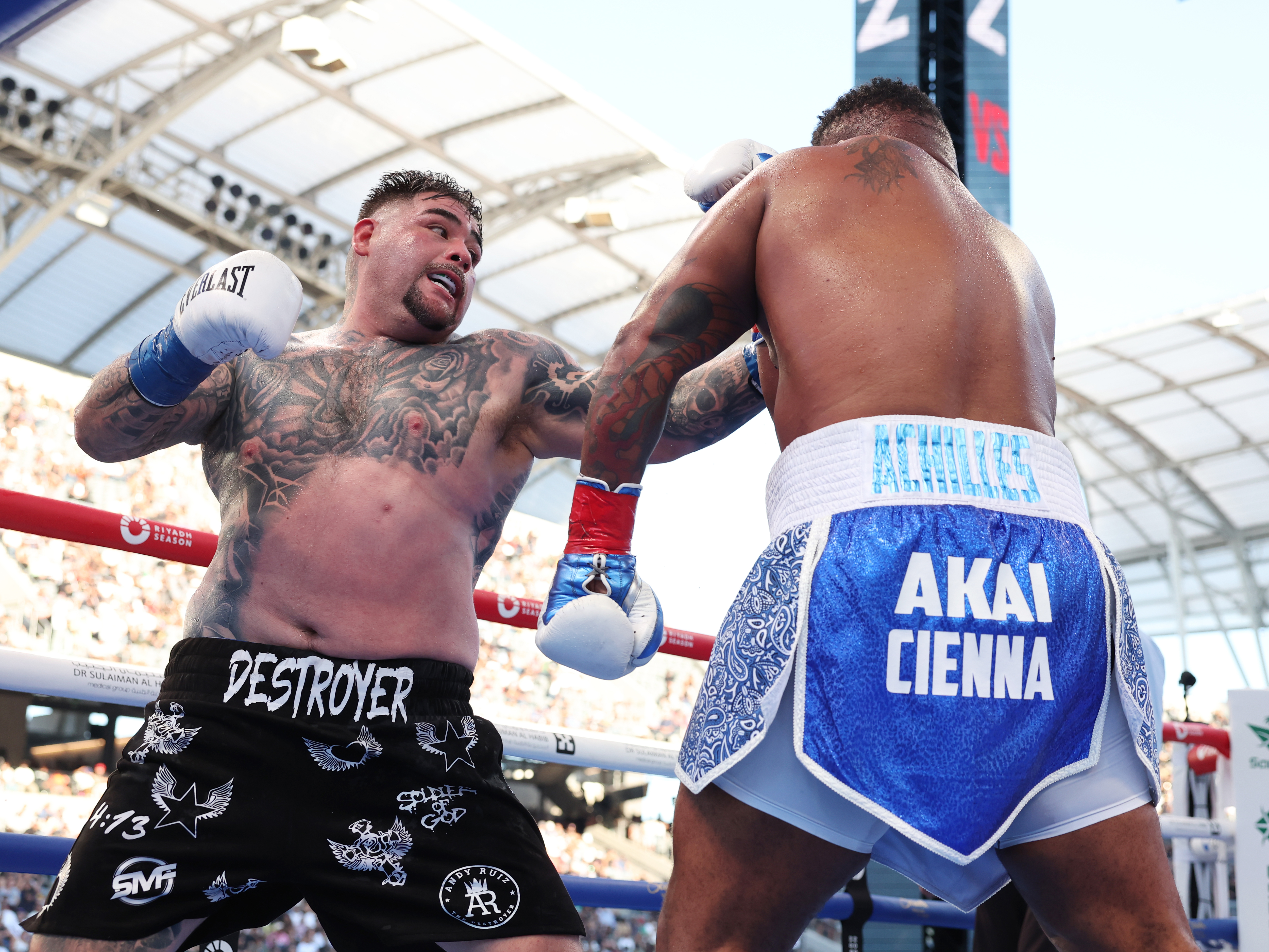 LOS ANGELES, CALIFORNIA - AUGUST 3: Andy Ruiz jr ( black with white shorts) and Jarrell Miller (Blue with whites shorts) during their Heavyweight Contest at BMO Stadium on August 3, 2024 in Los Angeles, California. (Photo by Mark Robinson/Matchroom Boxing/Getty Images)