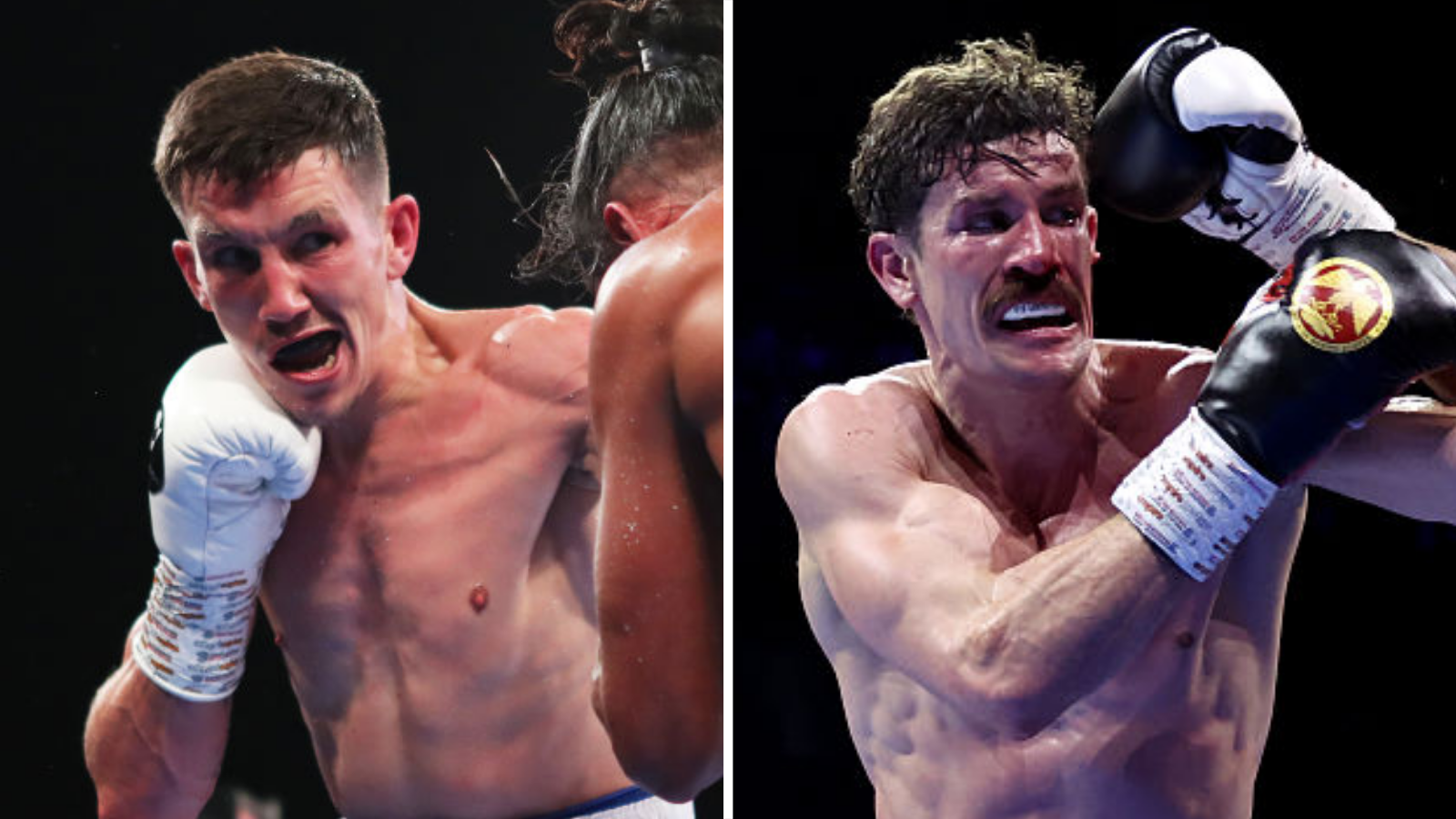 Midlands boxers Liam Davies (left) throws a punch, while Nathan Heaney defends one