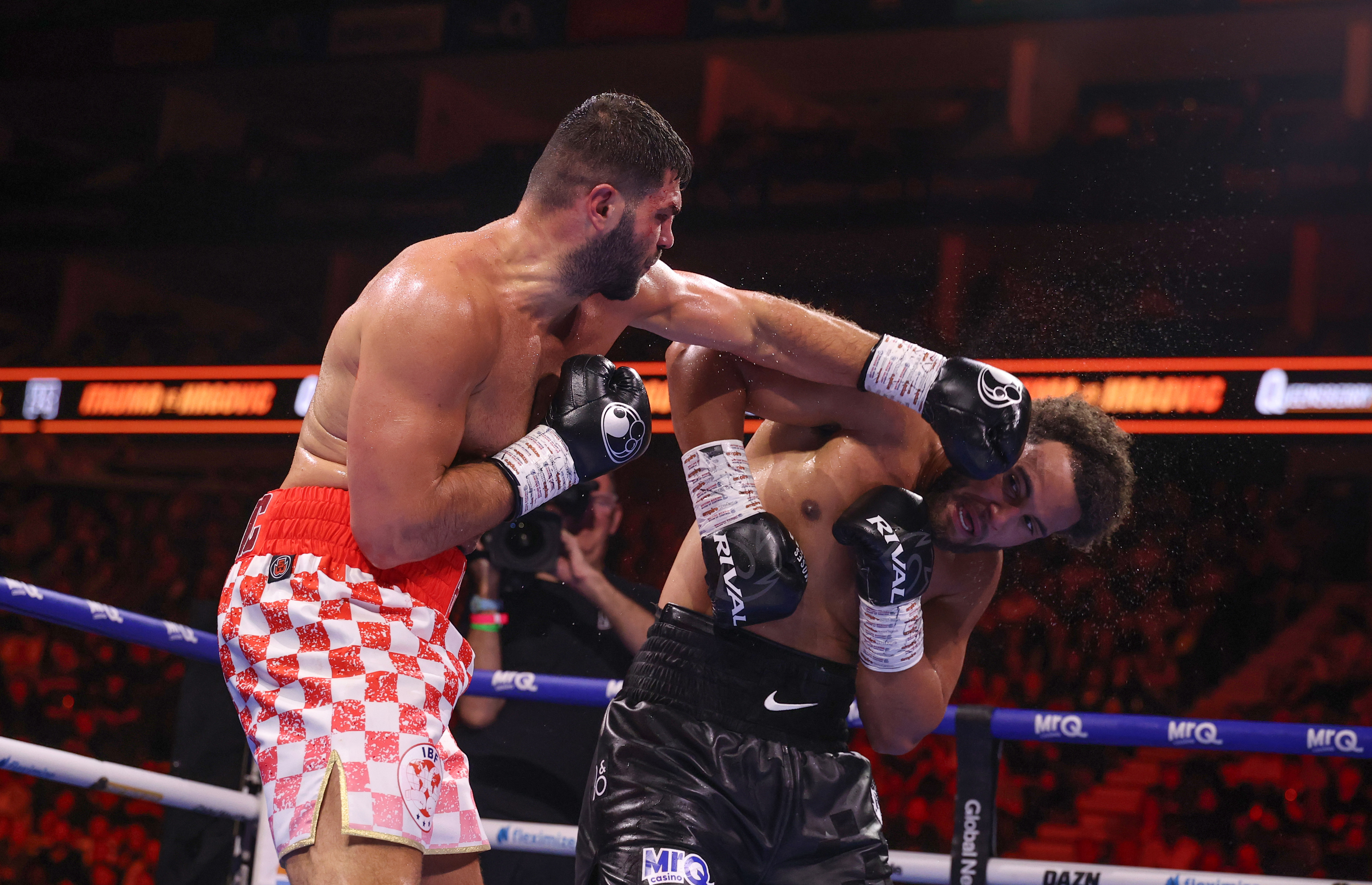 LONDON, ENGLAND - AUGUST 29: Filip Hrgovic punchess during the Moses Itauma and Filip Hrgovic: Natural Born Thriller fight night at The O2 Arena on August 29, 2026 in London, England. (Photo by Richard Pelham/Getty Images)