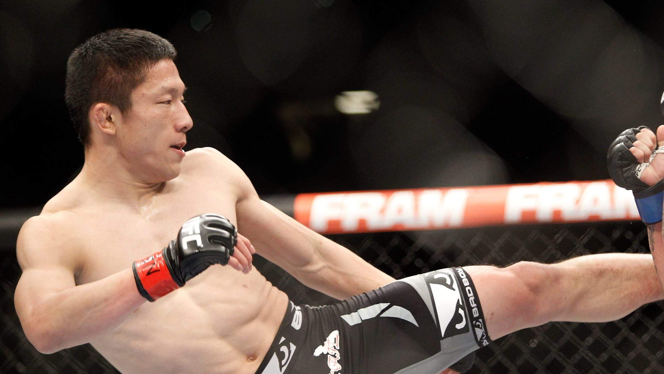 LAS VEGAS, NV - JANUARY 03: Kyoji Horiguchi (L) kicks Louis Gaudinot in a flyweight fight during the UFC 182 event at the MGM Grand Garden Arena on January 3, 2015 in Las Vegas, Nevada. Horiguchi won by unanimous decision. (Photo by Steve Marcus/Getty Images)