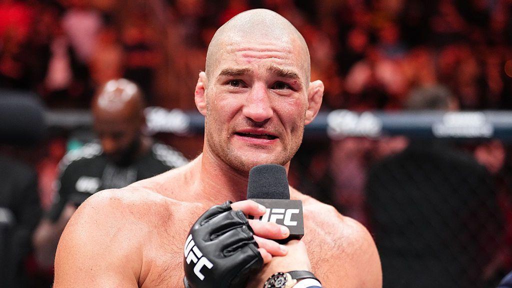Sean Strickland does a post-fight interview after beating Anthony Hernandez in February